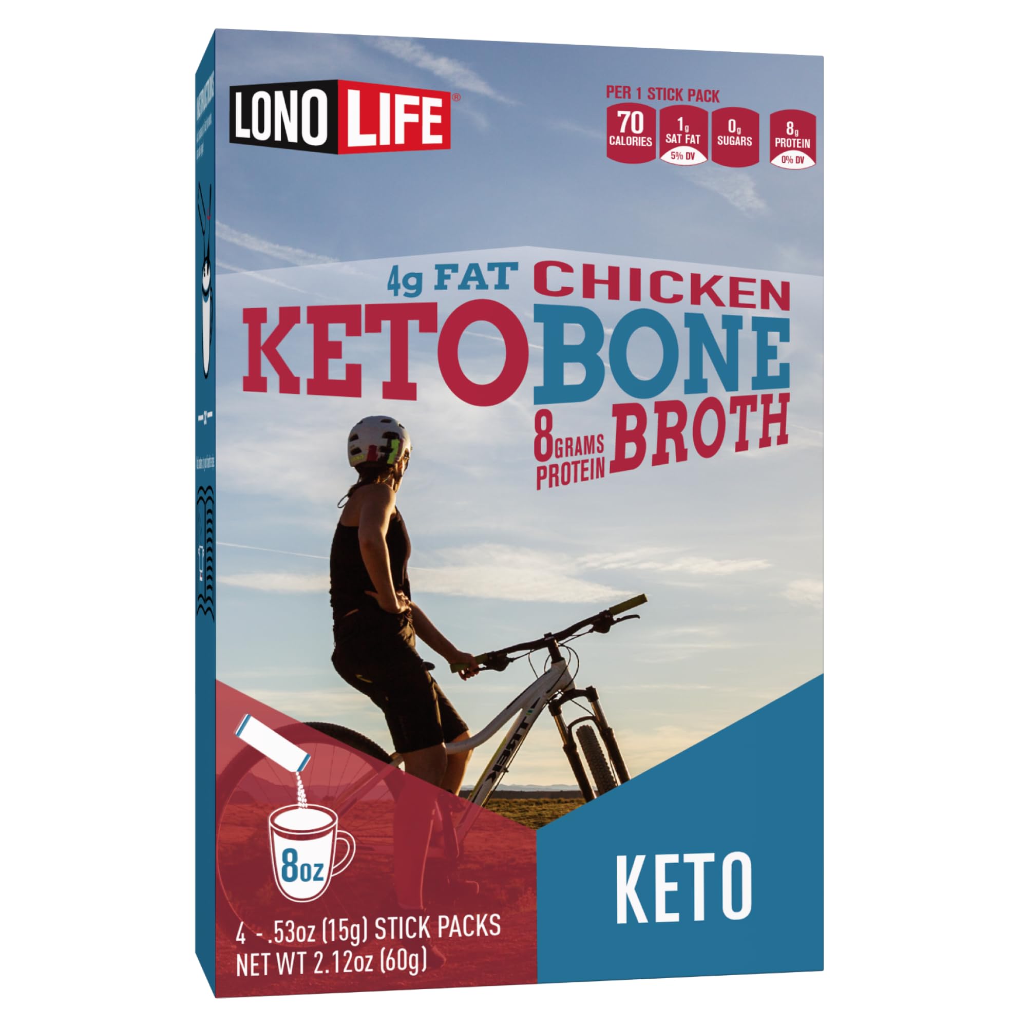 LonoLife Keto Chicken Bone Broth Powder Mix | 10g Protein | Collagen-Rich, Keto & Paleo Friendly | Natural Ingredients | 4 Portable Stick Pack Servings