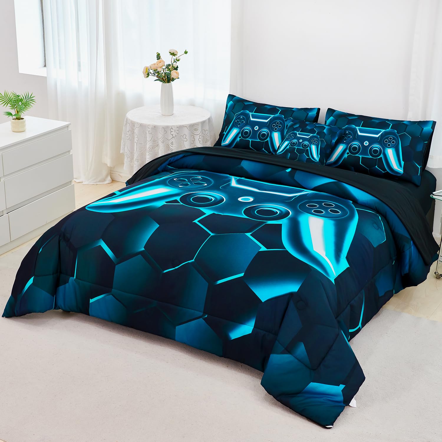 URBONUR Blue Teal Kids Comforter Set Full Size 6 Pieces Video Game Printed Gamer Bedding Set for Boys Teen Girls, Bed in a Bag Full Comforter with Sheets Set