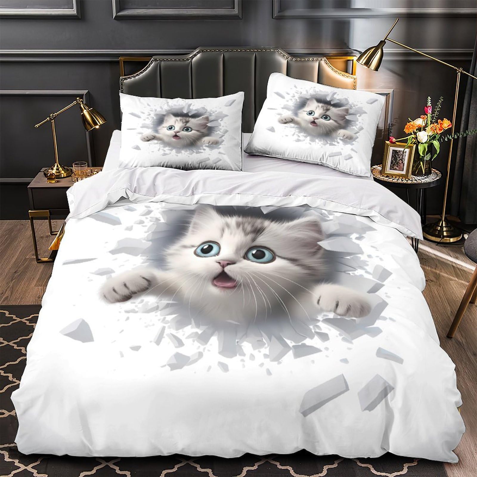 Parure de lit hypoallergénique microfibre chaton 3D avec fermeture éclair