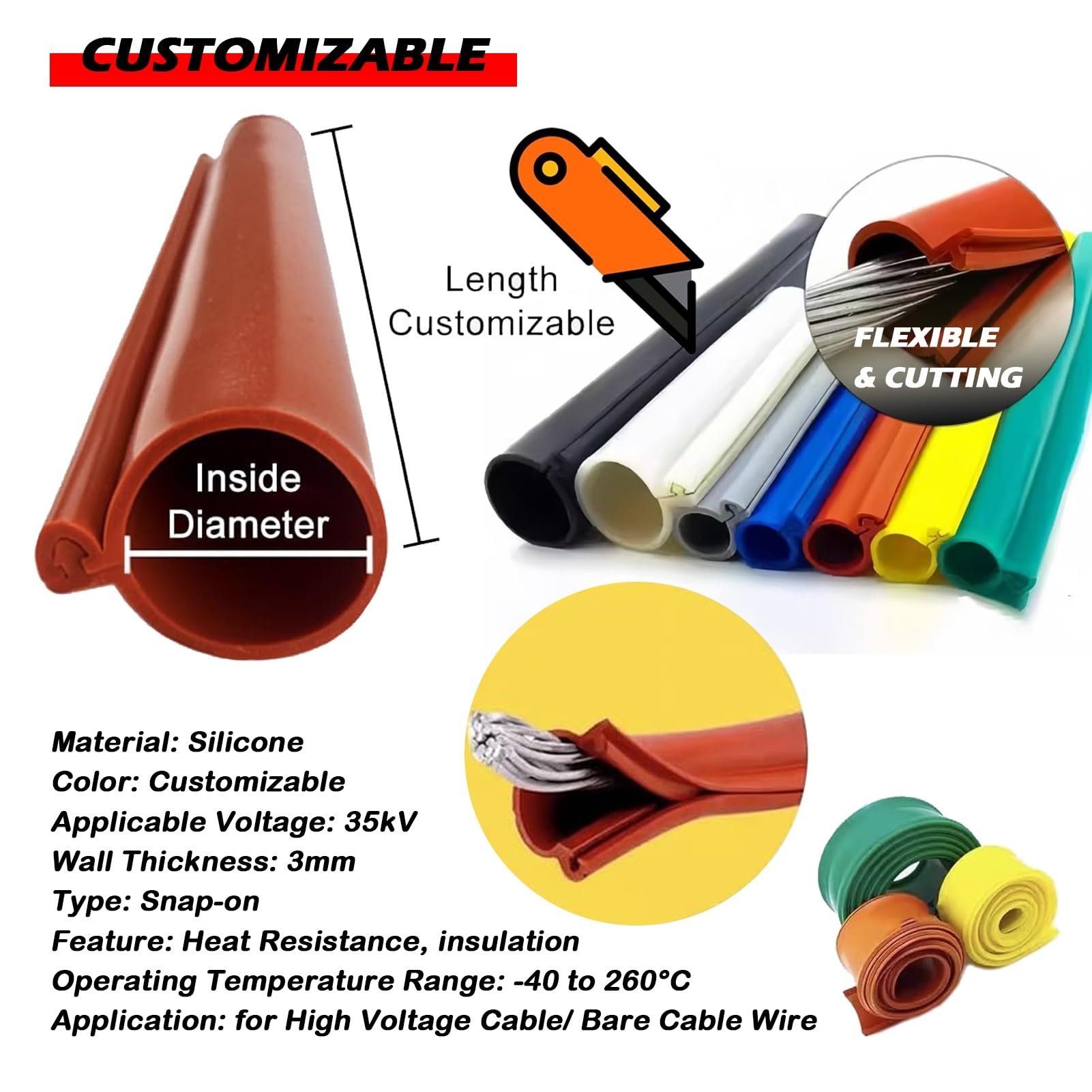 Cubierta Aislante Alta Tensión, Funda Silicona Abierta for Hilos Desnudos, Resistente Al Clima Anti-Envejecimiento Protección Línea, Instalación Fácil(Red-25ft/8m,ID 24mm/0.9in)