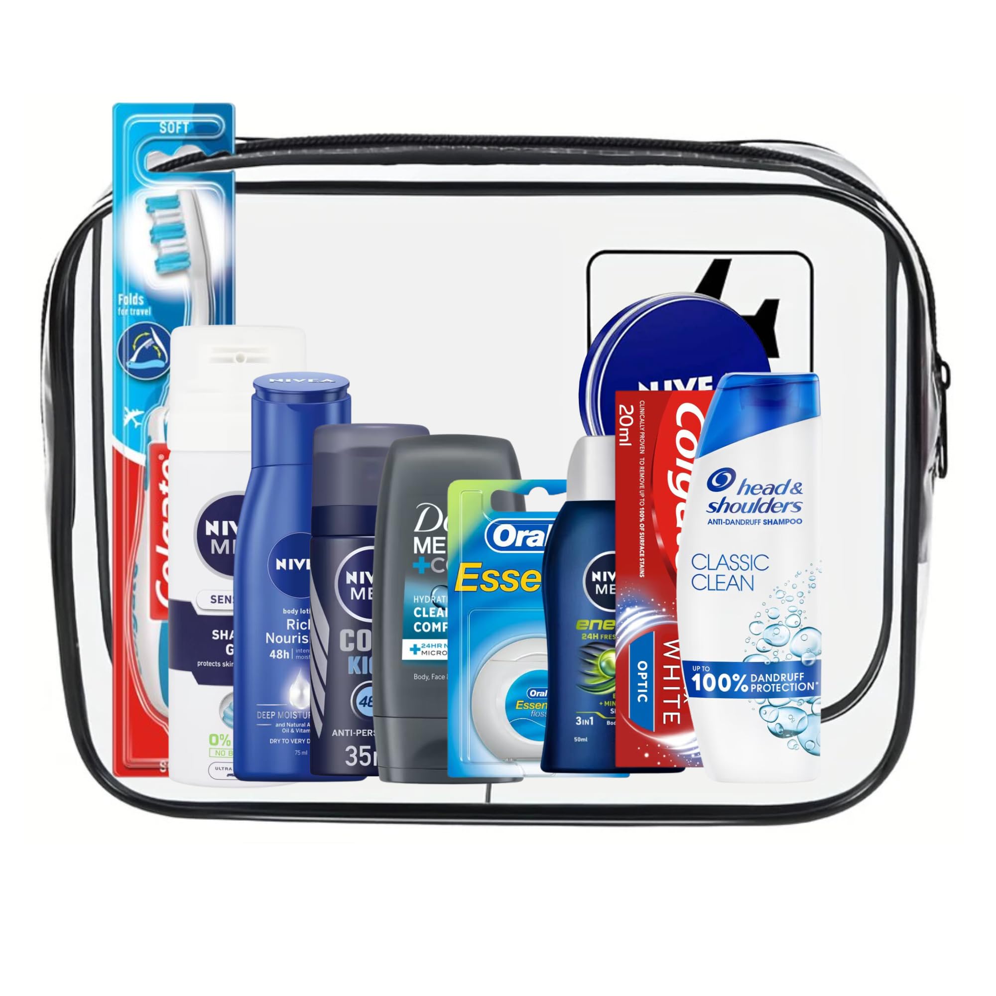 HUBSIDIATravel Size Toiletries Set for Men Essentials | Holiday Mini Travel Toiletries Set in a Hubsidia Airport Approved Travel Bag