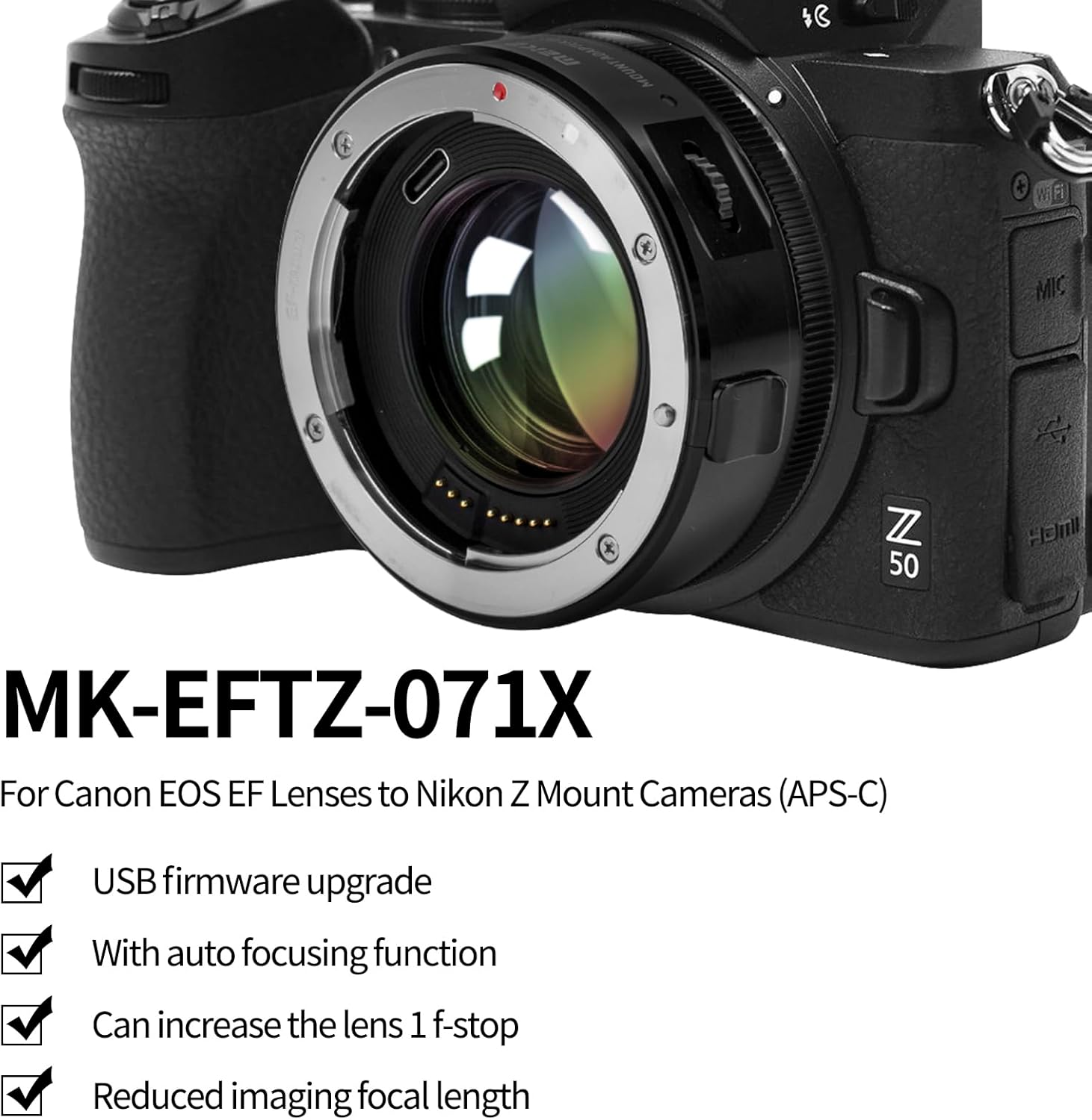 Meike EFTZ-0.71X Lens Mount Adapter Speed Booster 0.71x Focal Reduction Lens Mount Converter Speedbooster for Canon EF Mount Lenses to Nikon Z Mount Series Cameras Z50 Z30 Zfc