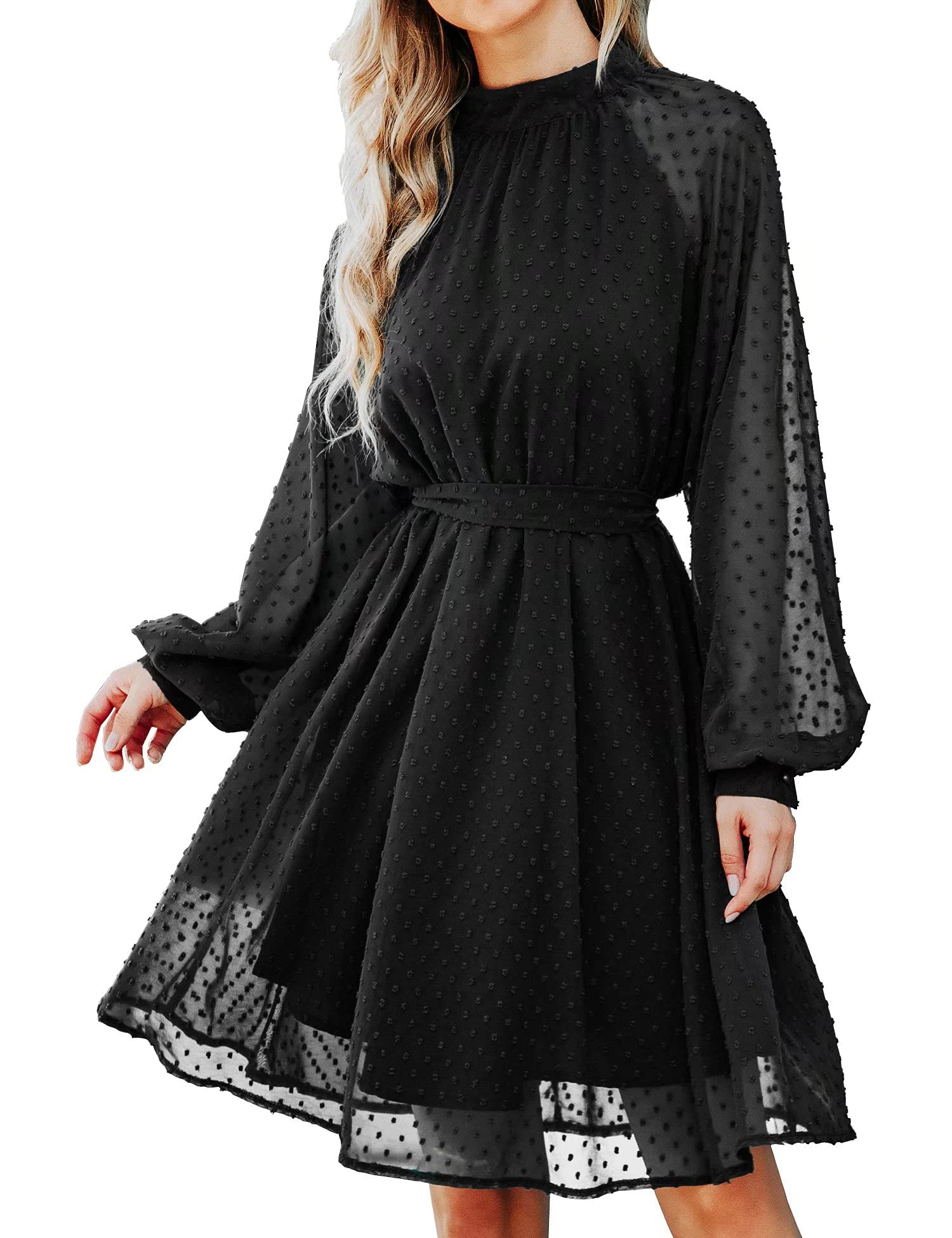 Women Dresses Long Sleeve Wedding Guest Dresses Flowy Chiffon Swiss Dot Casual Midi Dress with Belt