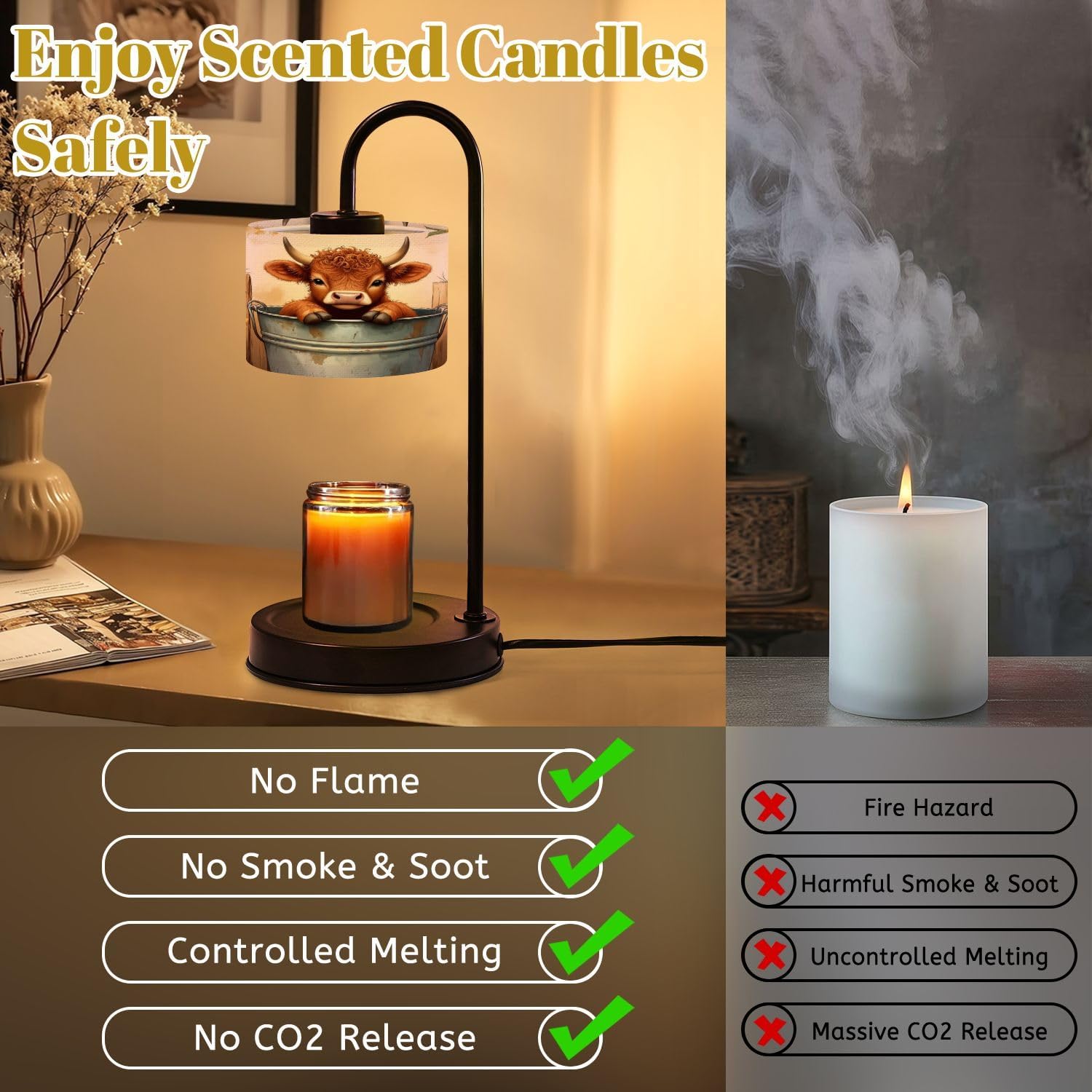 Candle Warmer Lamp with Timer and Dimmer, Highland Cow Cows Retro Art Sunflower Painting Prints Bucket Wax Melt Warmer with 4 Bulbs, House Warming Birthday Gifts for Women Mom New Home Decor