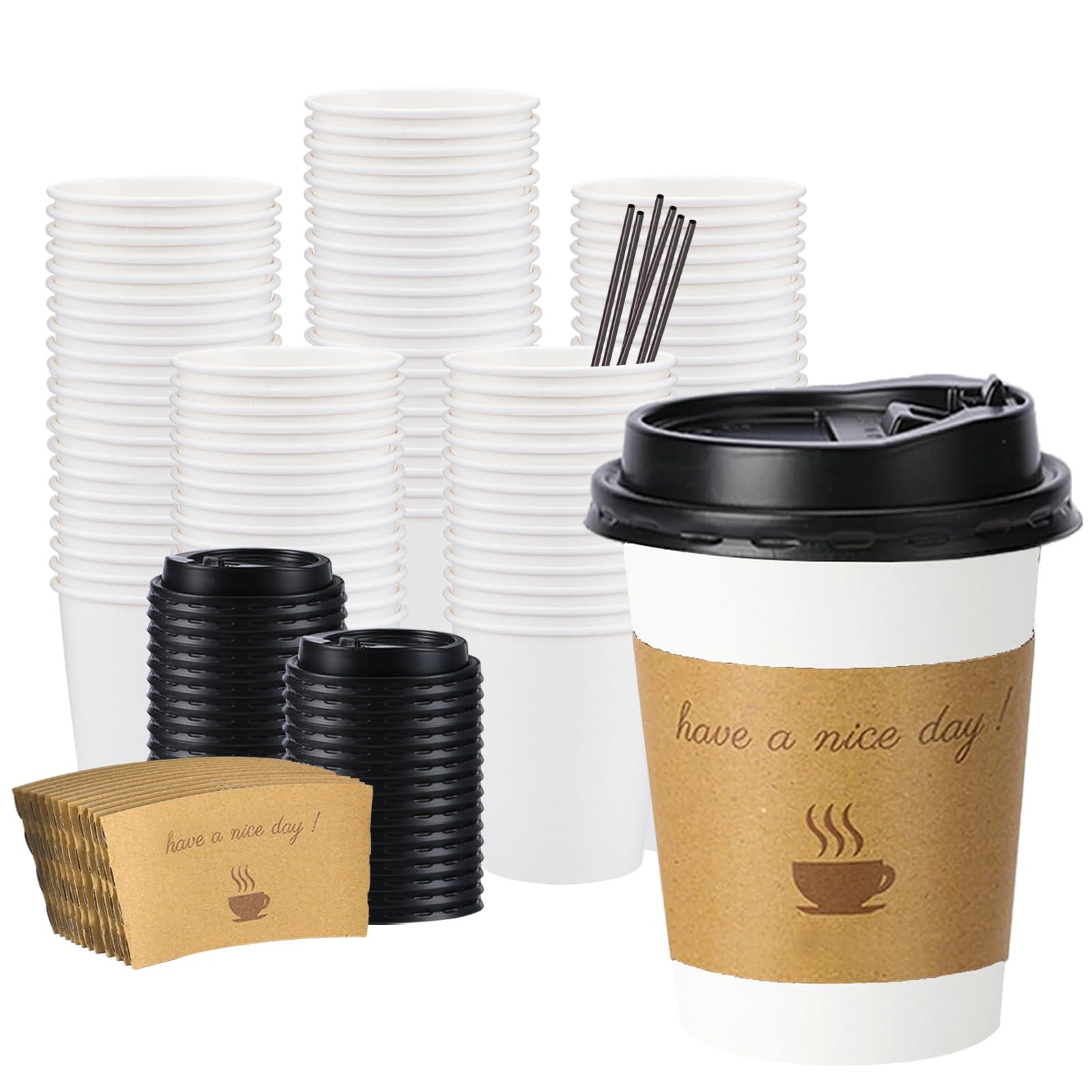 100 pack 12 oz Disposable Thickened Coffee Cups with Lids, Scald Resistant Hot Cup with Sleeve and Straw, To Go Coffee Cups for Home, Office, Cafes and Party (White 12oz)