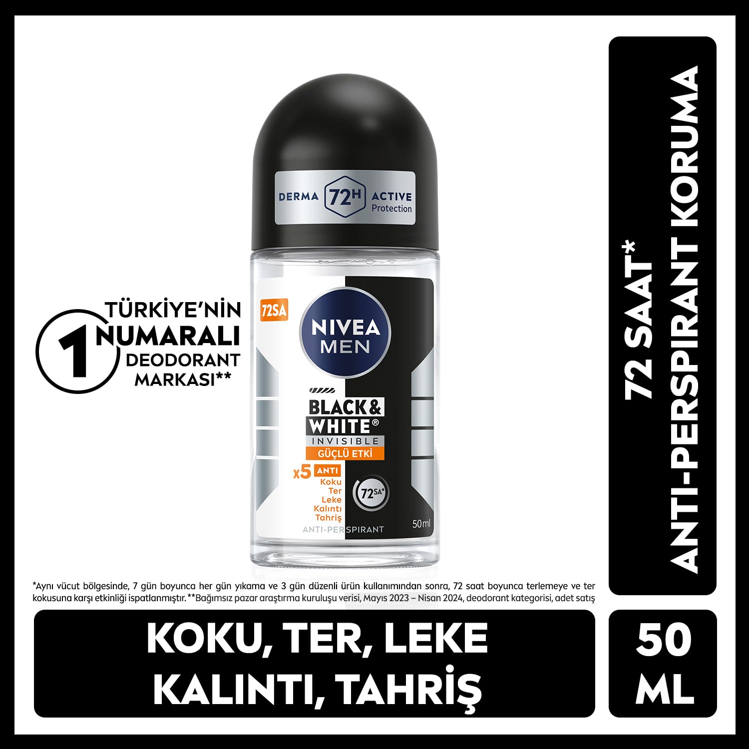 NIVEA Men Erkek Roll On Deodorant Black&White Invisible Güçlü Etki 50 ml,72 Saat Anti-perspirant Koruma