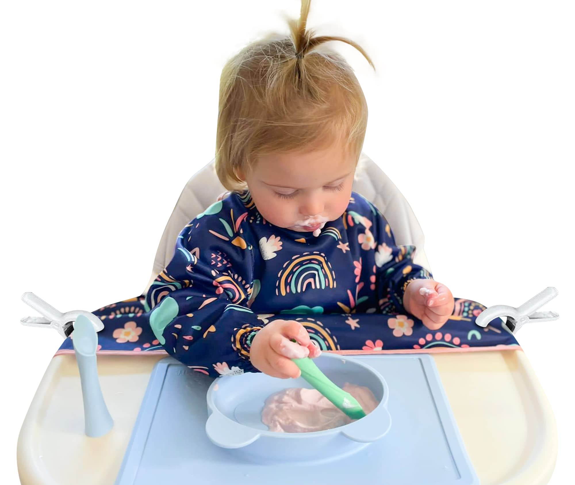Nooni CareLong Sleeve Baby Bib | Blue Rainbow Long Sleeve Bibs Baby as Apron Baby | Baby Bib with Sleeves | Baby Bib with Sleeves | Baby Meals Blouse