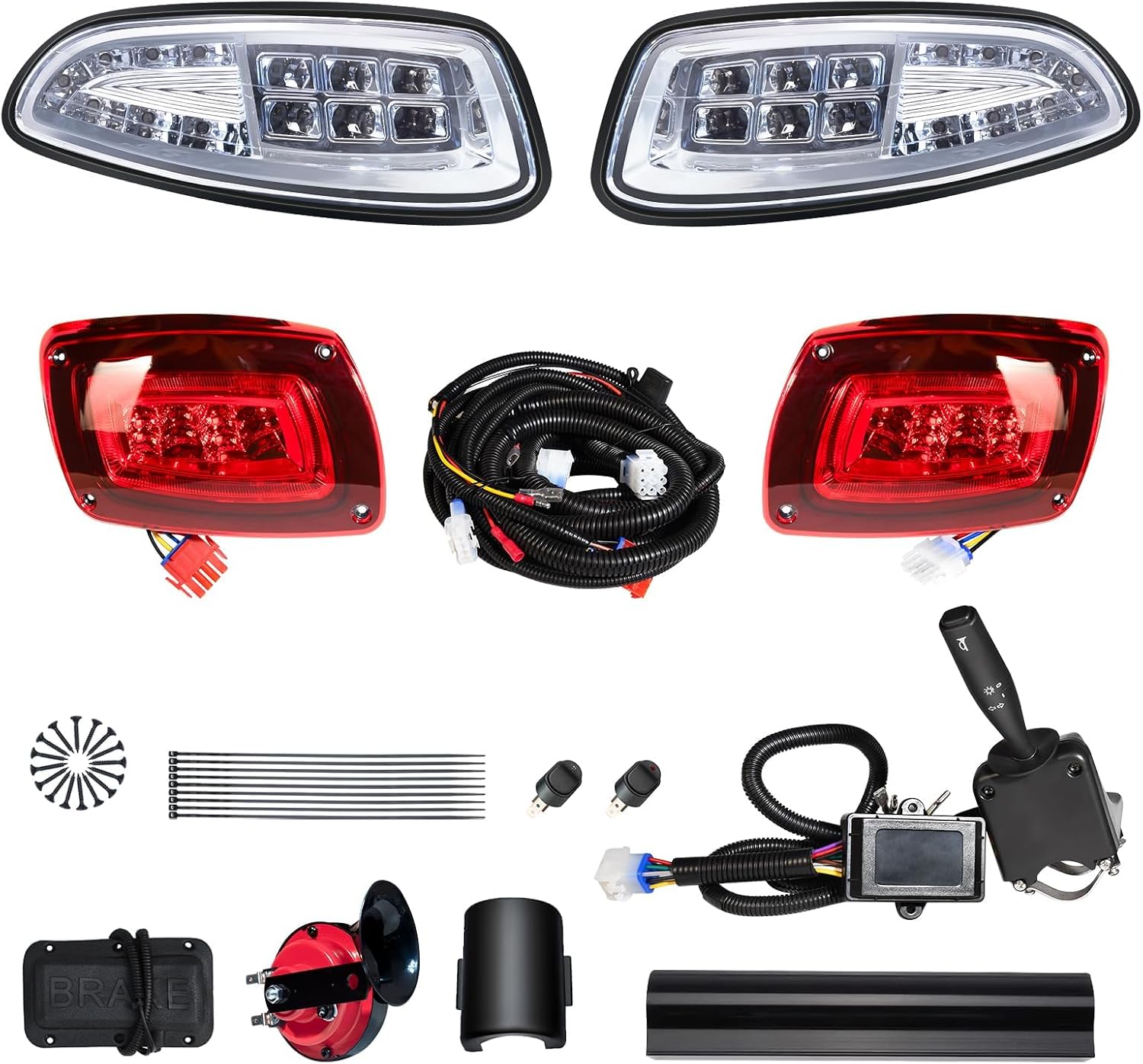 Deluxe Golf Cart LED Light Kit Compatible EZGO RXV 2016 up, 12V Street Legal Golf Cart Headlight Taillight Kit with Turn Signal Switch, Brake Pad, Horn