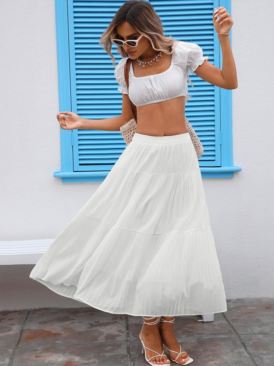 Women's Boho Maxi Skirt Summer Flowy Ruffle Long Skirts Flared Tiered A-Line Elastic High Waist Pleated Beach Skirt - Image 7