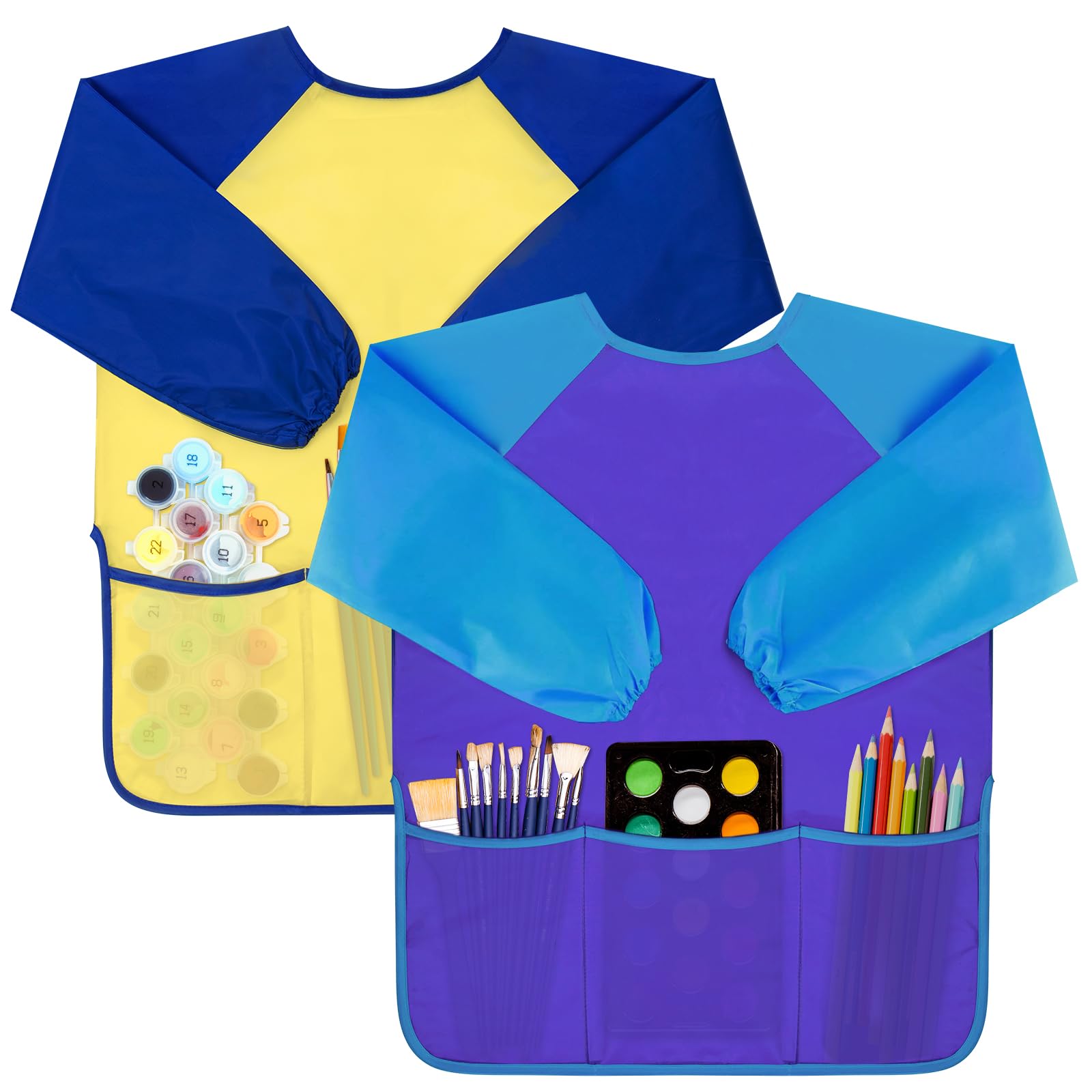 Bassion 2 Pack Kids Art Smock, Toddlers Painting Aprons Colorful Waterproof Children Artist Smock with Long Sleeve 3 Roomy Pockets for Age 2-8 Years Gifts(Yellow Purple)