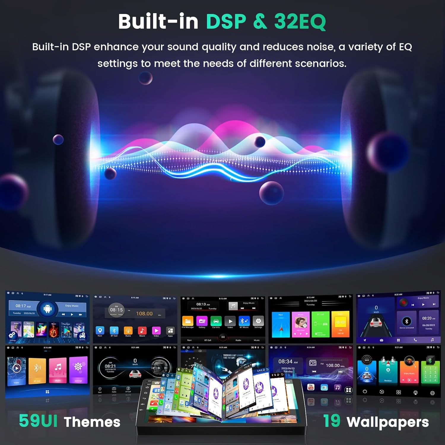 Image showing the car stereo display with various user interface themes and the 32-band equalizer settings for audio customization.