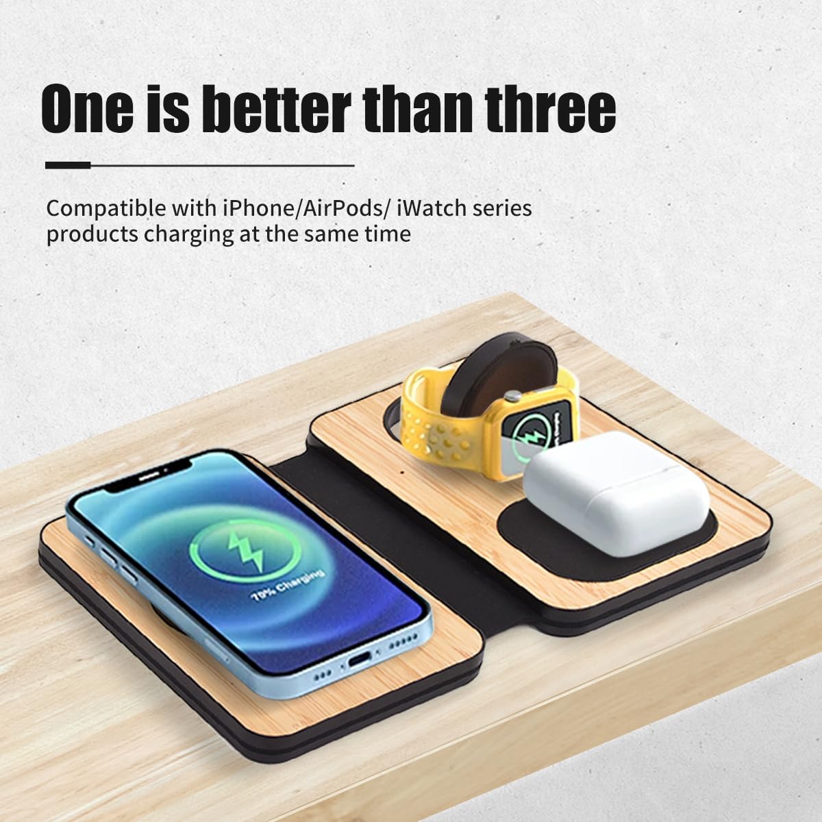 Stazione di ricarica 3 in 1 per dispositivi Apple, caricabatterie wireless rapido sicuro Mag, caricabatterie da viaggio pieghevole per telefoni cellulari serie 16-12, AirPods e iWatch Series (bambù)