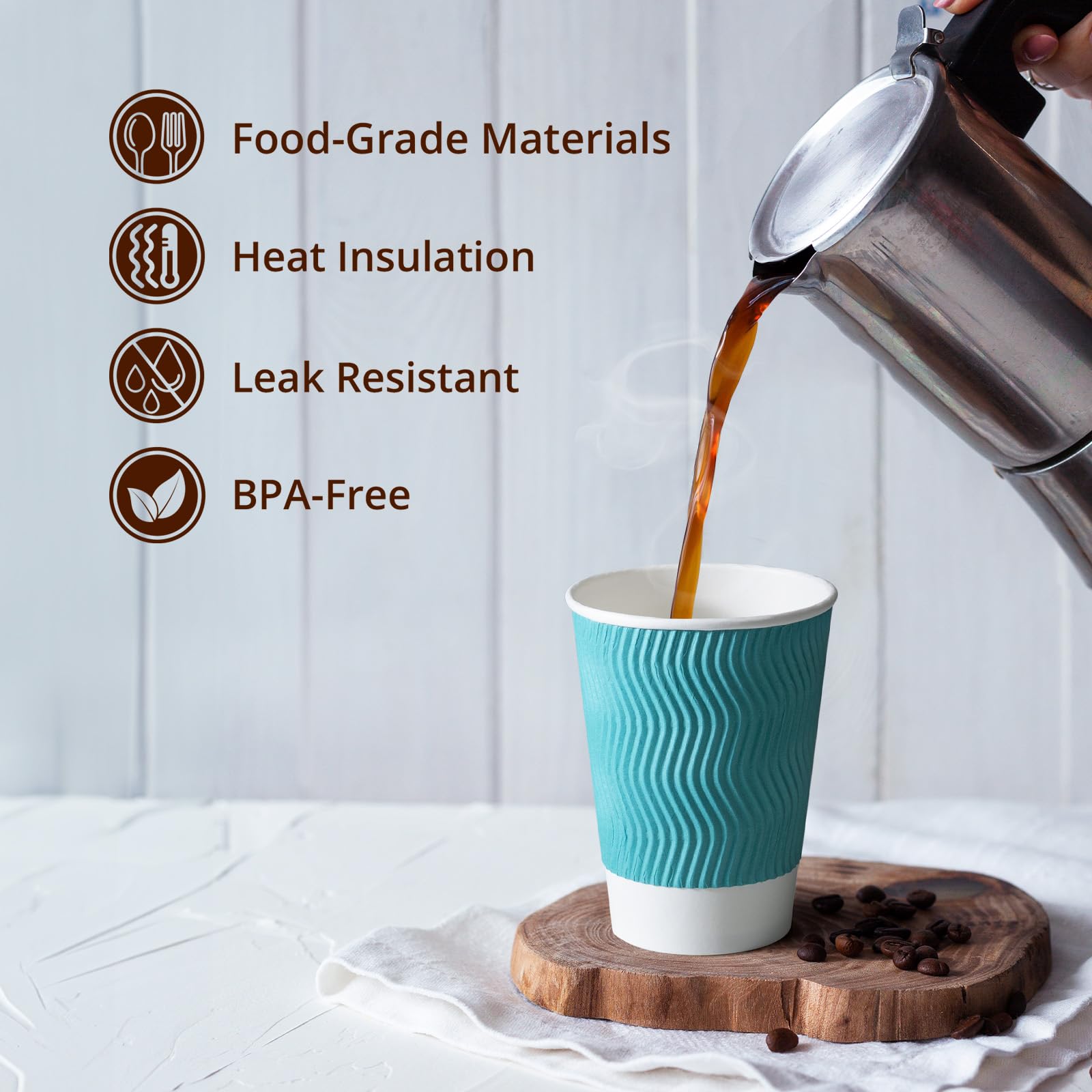 MATICAN Lot de 50 tasses à café en carton ondulé isotherme, jetables, avec couvercles, parois ondulées pour boissons chaudes ou froides, turquoise - 355 ml