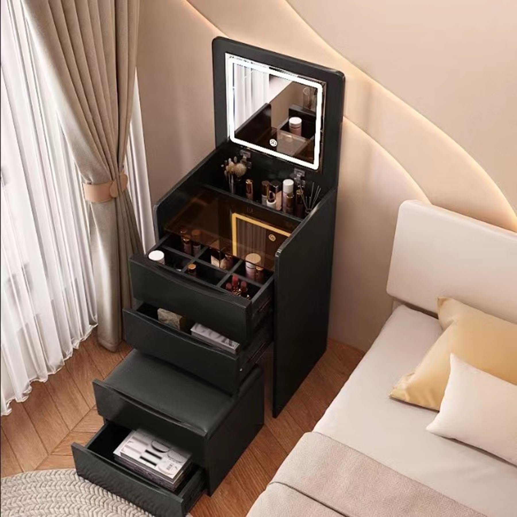 Compact Vanity Desk with Mirror and Lights,Makeup Vanity Table with with Hidden Stool and Drawers,3-in-1 Dressing Table for Small Space,Bedroom,Black