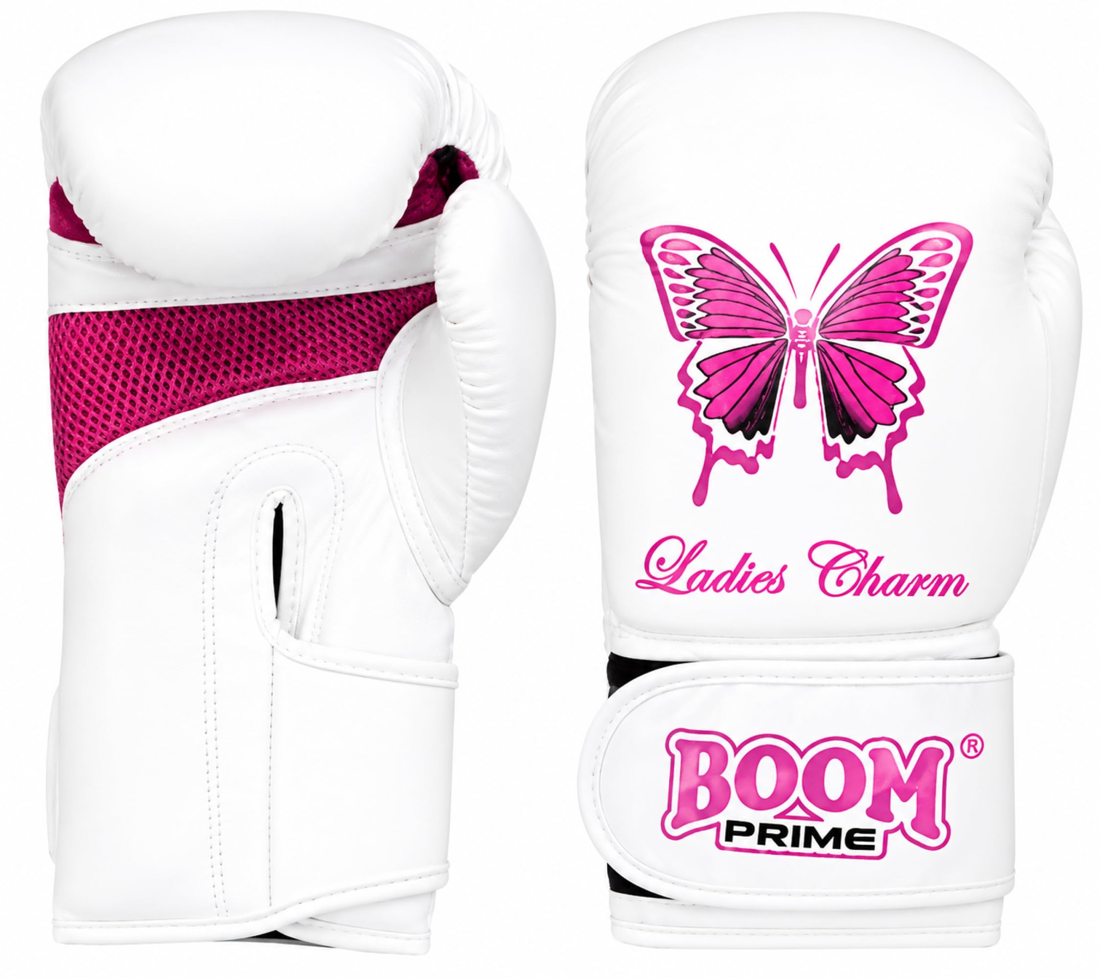 BOOM Prime Womenβs Boxing Gloves β Rex Leather, 8oz 10oz 12oz β Kickboxing, MMA, Muay Thai, Punch Bag, Sparring & Training Gloves for Ladies (White, 12oz)
