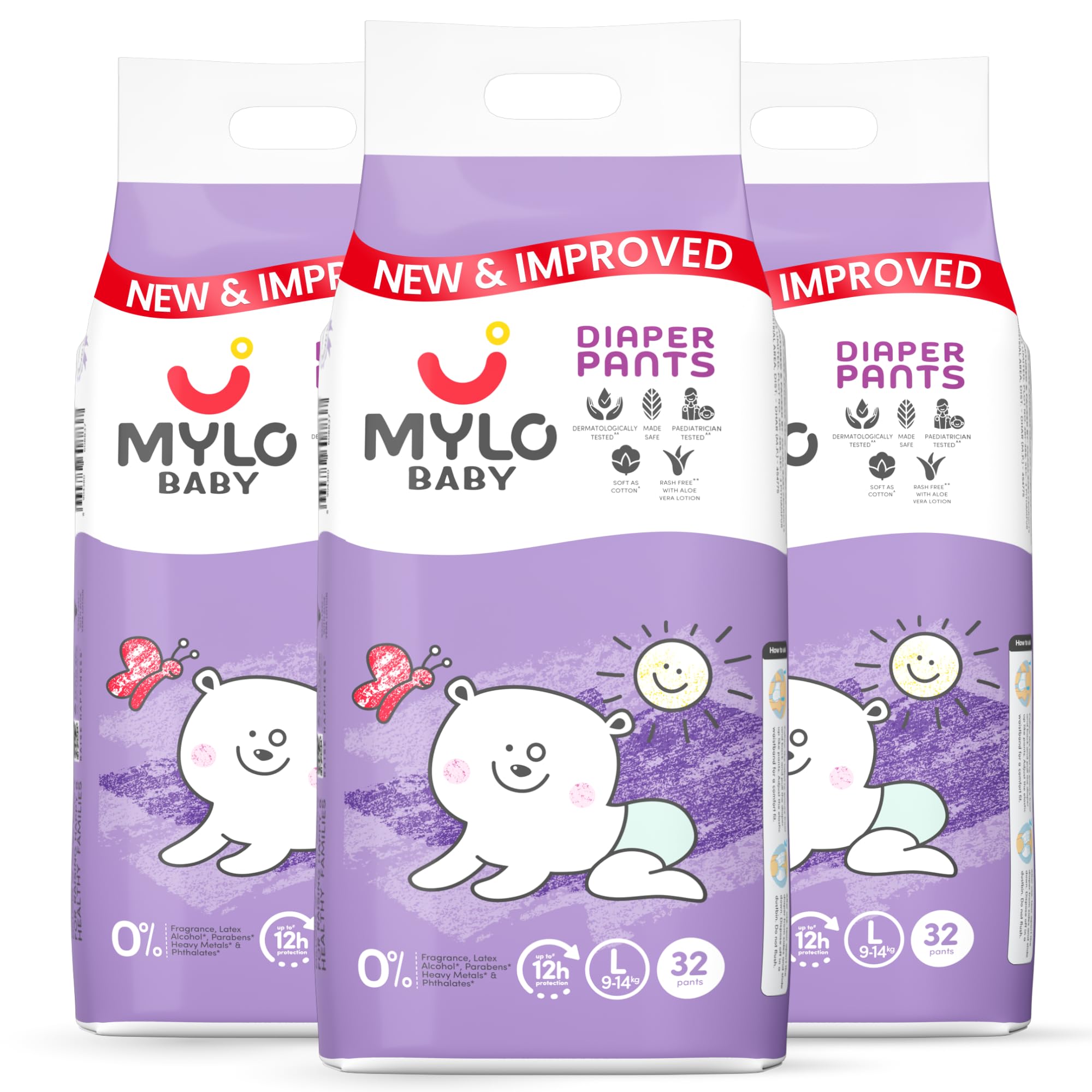 Mylo Baby Diaper Pants Large (L) Size 9-14 kgs (96 count) Leak Proof | Lightweight | Rash Free | Upto 12 Hours Protection | ADL Technology | with Aloe Vera Lotion (32 Count, Pack of 3)