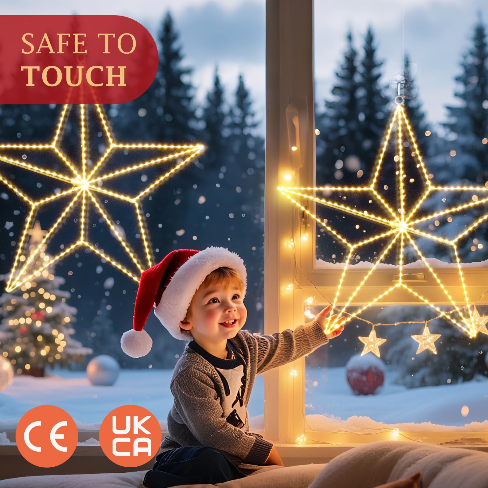GlobaLink LED Weihnachtsdeko Fenster - 3D Fünfspitzstern Eisenleuchten mit Stecker (Netzbetrieb), 282 Warmweiß-LEDs, Faltbar, Indoor/Outdoor für Schlafzimmer, Weihnachtsfeier & Außenbereich