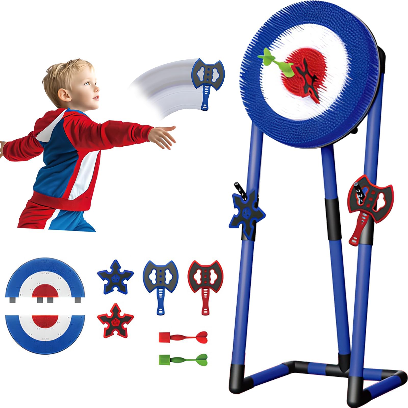 Axe Throwing Game Set, 3-in-1 Axe Throw & Lawn Dart Combo Backyard Game Set with 2 Six-star Darts, 2 Axes and 2 Darts, Dart Game Dart Board Sturdy Frame for Outdoor, Family Parent-child