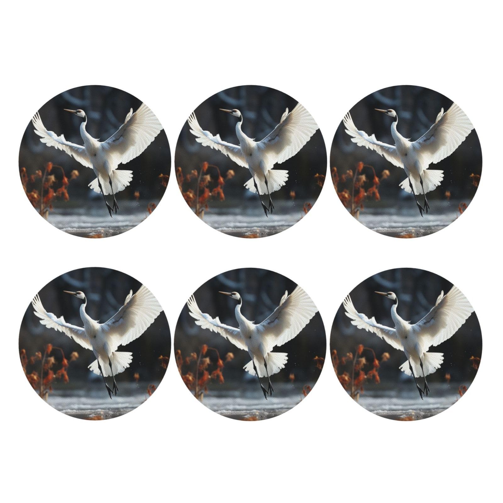 6Pcs PU Leather Coaster for Drinks, Crane Dancing Cup Coastersr 4" Cup Mat Pad, Aesthetic Drink Coasters for Coffee Table, Round Shape Coaster for Tabletop Protection