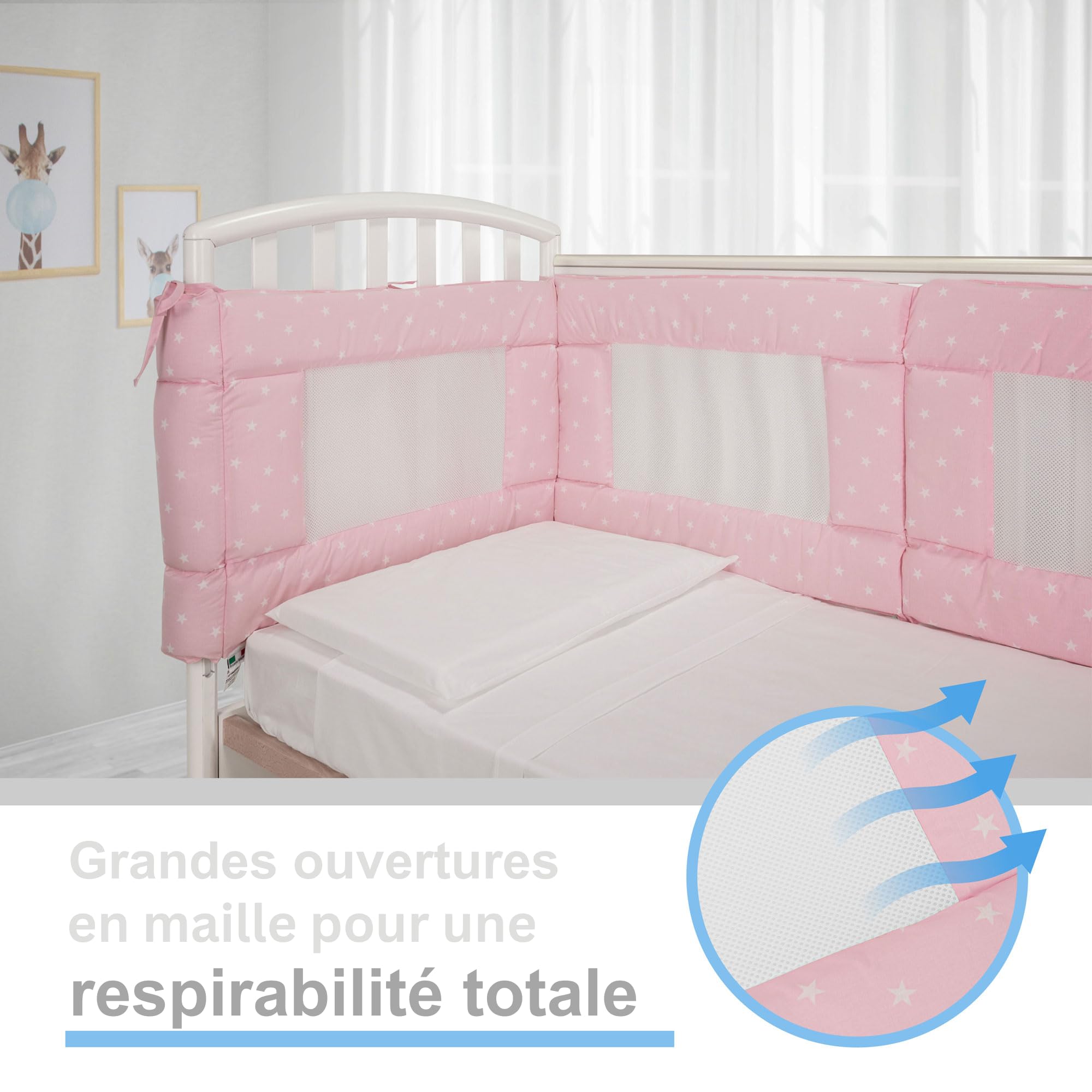 Babysanity - Tour de Lit Bébé équipée du Système Baby Air Mesh - Le Tour de Lit Respirant Souple et Solide Assure à l'enfant Un Environnement Sûr pour Dormir (Etoiles Roses)
