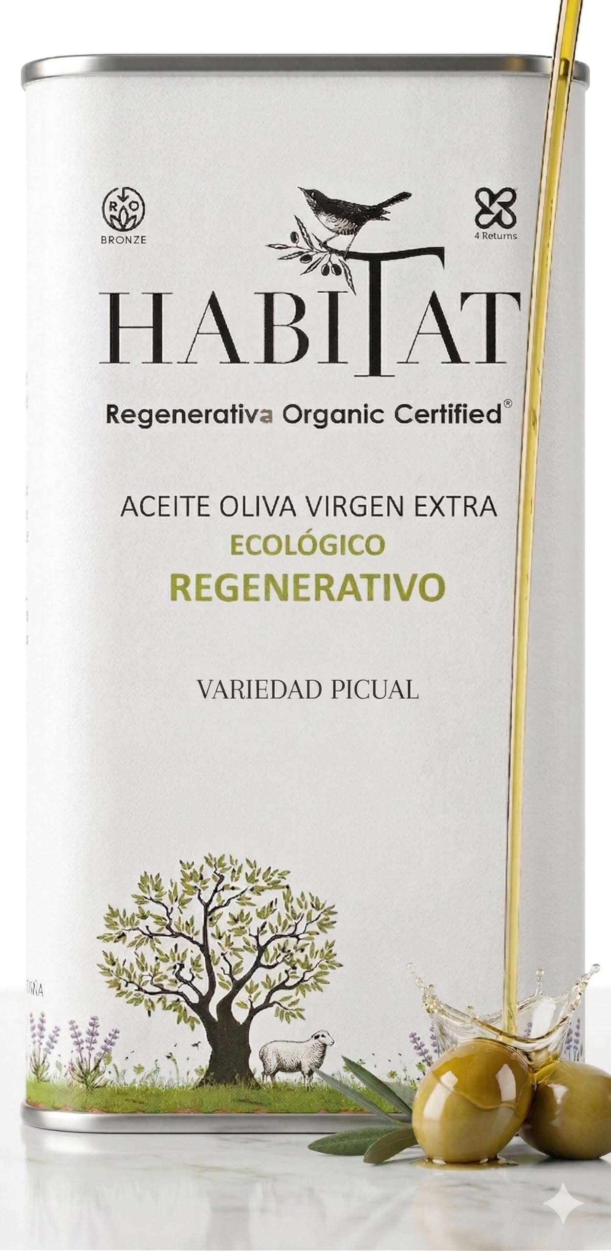 HABITAT AOVE - Aceite de Oliva Virgen Extra Regenerativo Picual en Lata 500 ml Opaca y Reciclable - Extracción en Frío, Producto de España - Ideal para Ensaladas, Tostadas y Cocina en Crudo