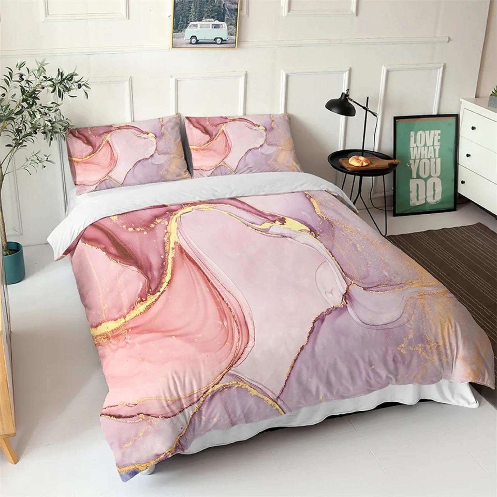Housse de couette marbre rose parure de lit chic pour chambre adulte cosy