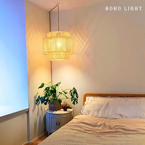 Miniatura 3 de Lámpara colgante enchufable con cable de enchufe, lámpara colgante de ratán bohemio regulable de mimbre de bambú, pantalla tejida de bambú, cuerda