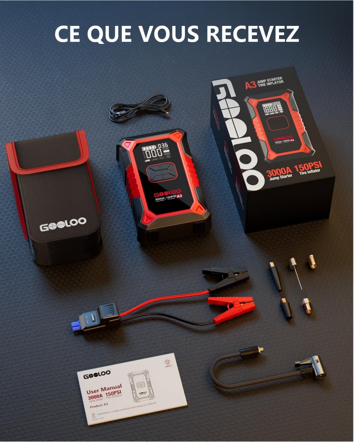 GOOLOO A3 Démarreur de Batterie Voiture 3000A avec Compresseur 150 PSI et Power Bank, Booster Portable pour Véhicules 12V (Jusqu'à 9.0L Essence/6.5L Diesel), Écran Digital et LED