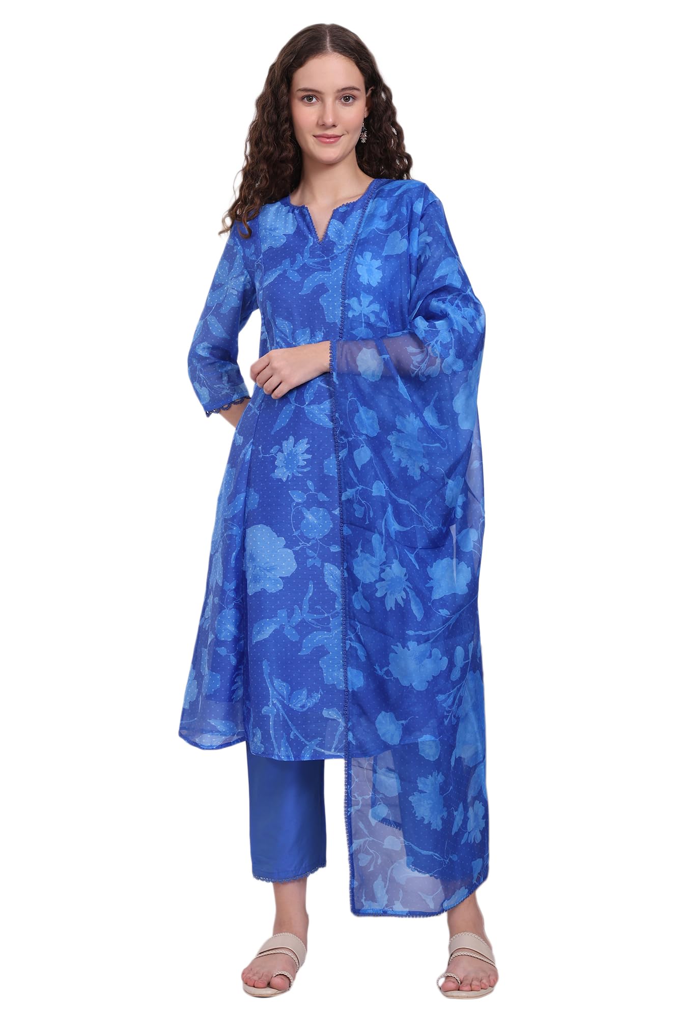 w for woman Blue Floral Printed Lace Flared Kurta, Pants and Dupatta Set-picture-31