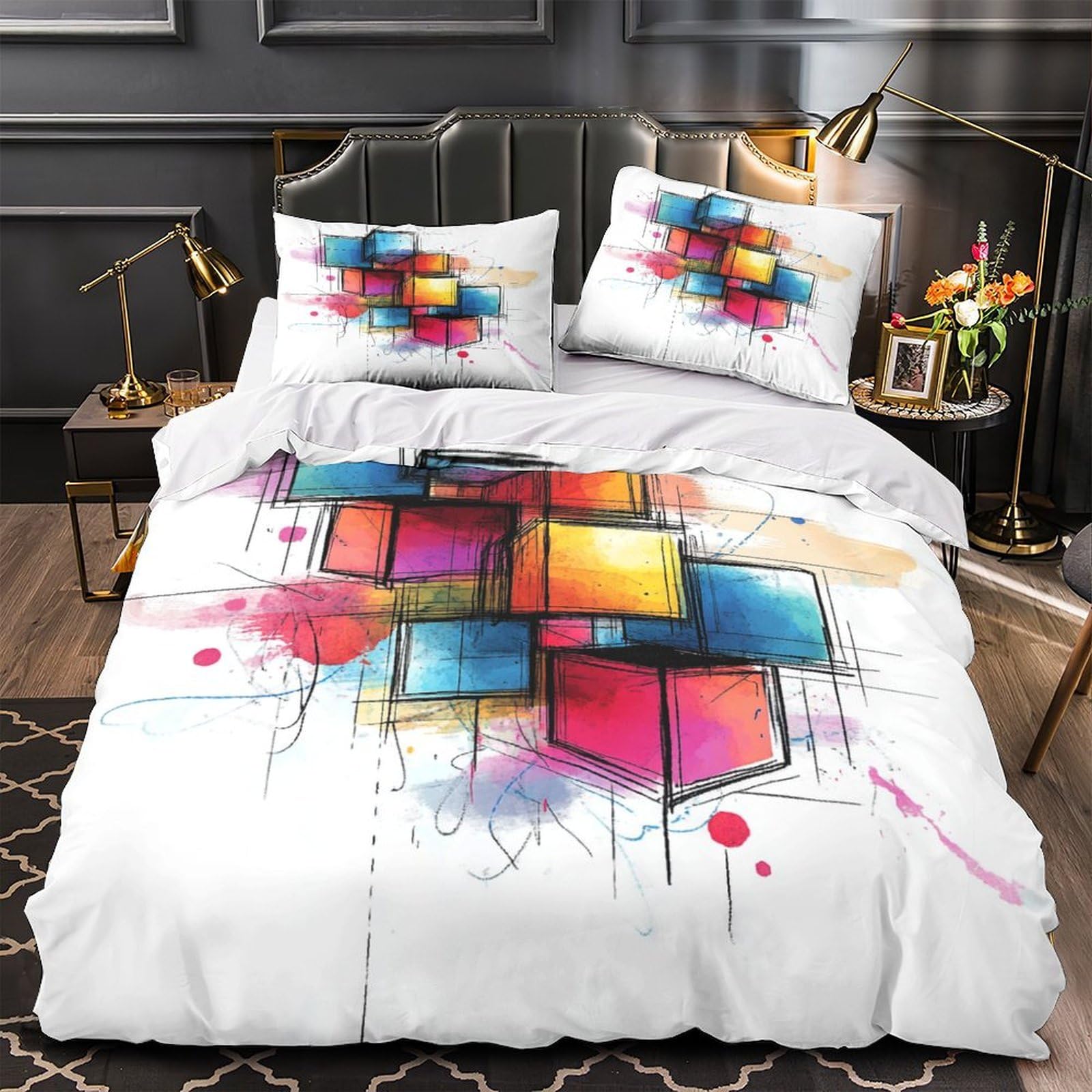 Housse de couette 200x200 cubes 3D colorés en microfibre avec ses 2 taies d'oreiller