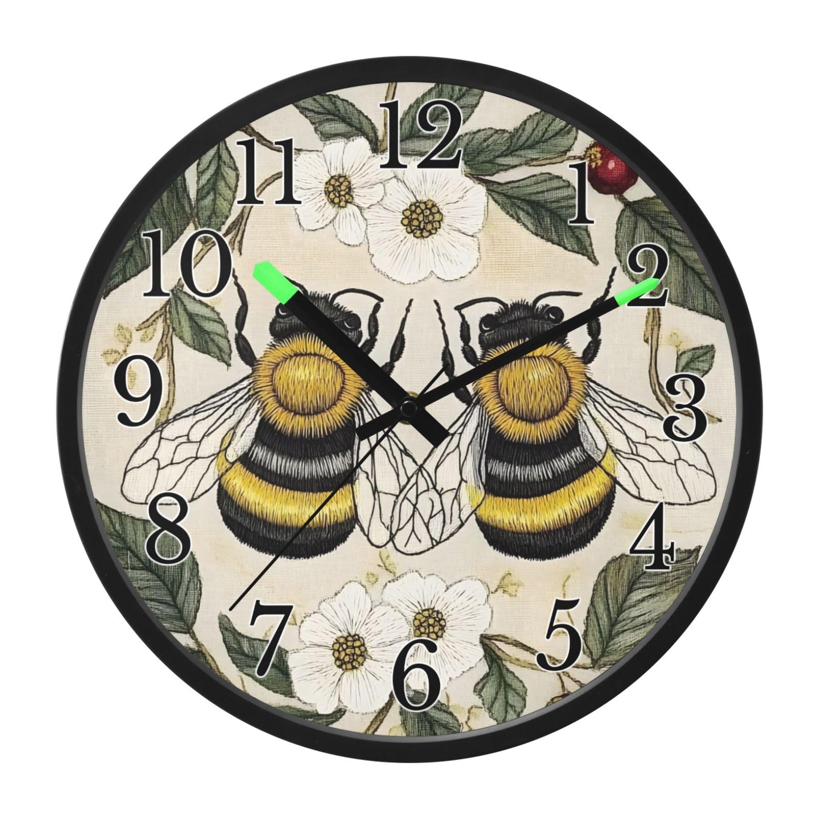 Mnsruu Reloj de pared luminoso con diseño de abejas, flores blancas, bayas rojas, hojas, reloj de pared que brilla en la oscuridad, funciona con pilas, silencioso, sin tictac, luz nocturna para