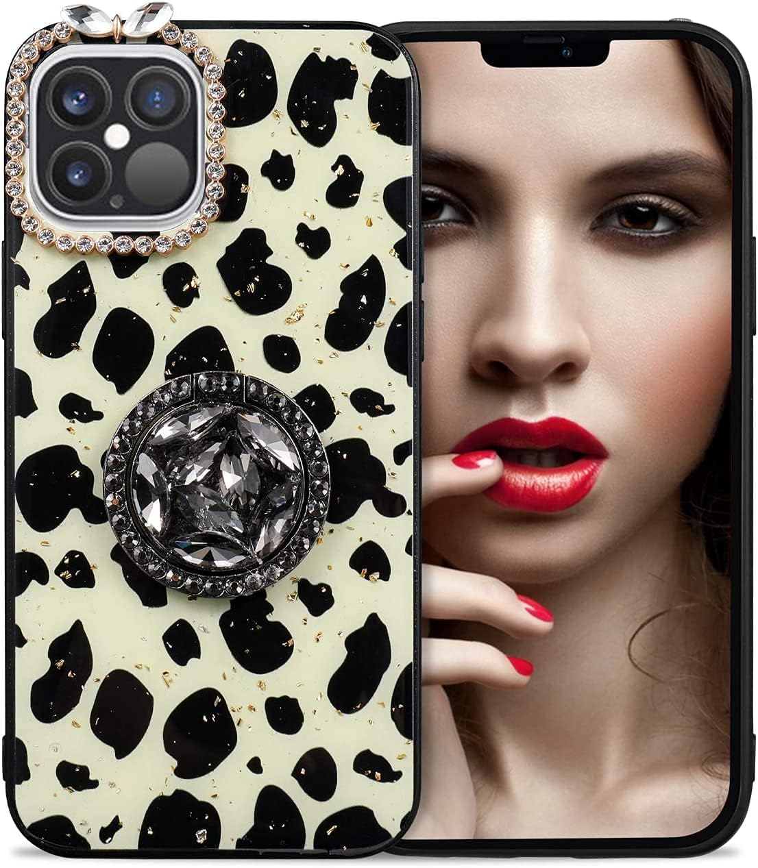 Aulzaju for iPhone 12 Pro Case Bling Diamond Hard Back Soft Raisede TPU Edge Cute Leopard Design 3D Luxury Glitter Butterfly Gems Ring Stand Phone Case for iPhone 12 for Women Girls 6.1 Inch Leopard