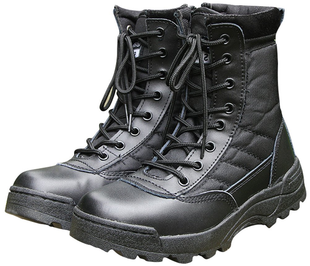 Combat Boots Men Leather, Antiskid Lace up Army Shoes Traning Use High-top Military Bootie 2 Colors Size 6-9.5 (6.5, Black)