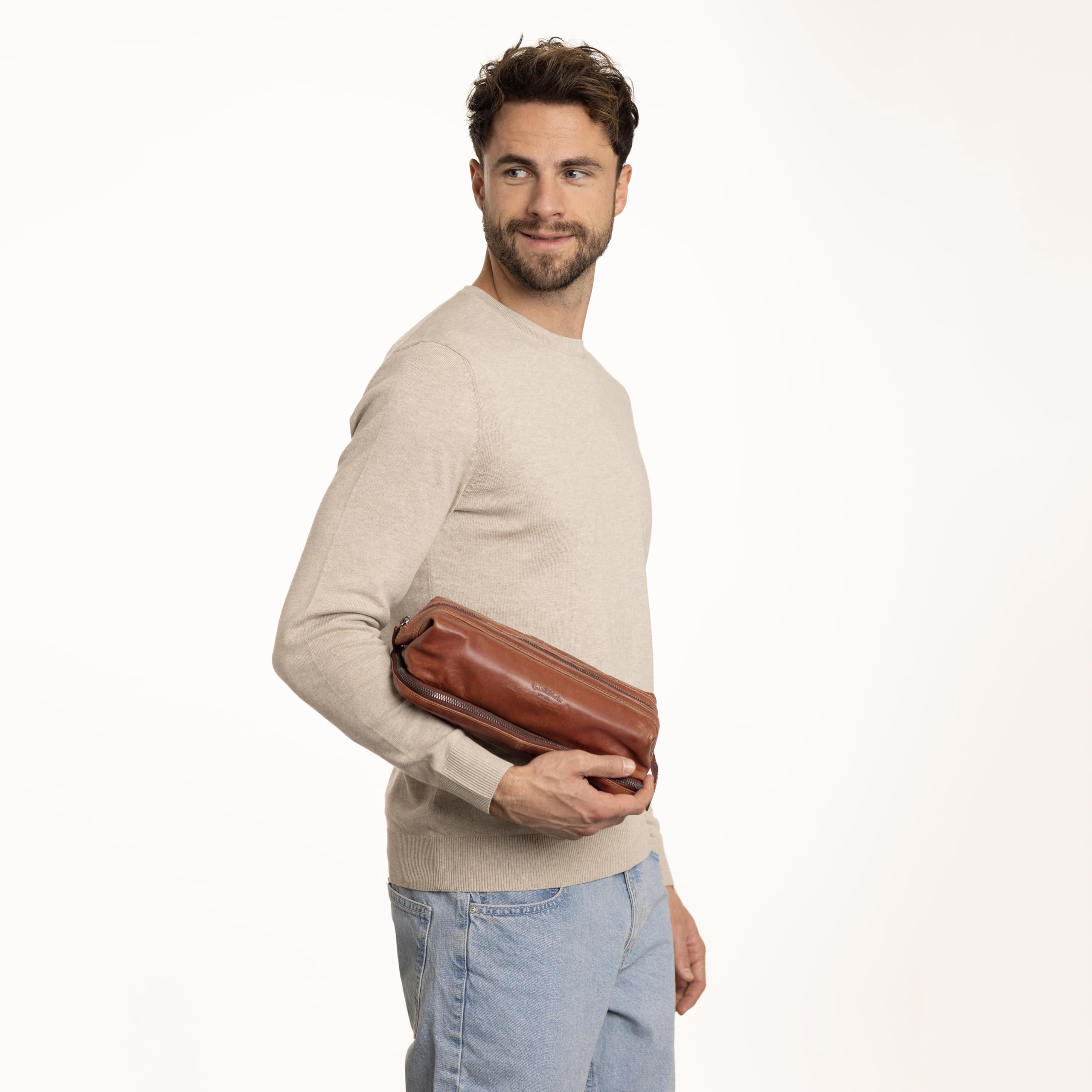 Gusti Waschtasche Leder - Quinn Kulturtasche Schminktasche Braun Leder