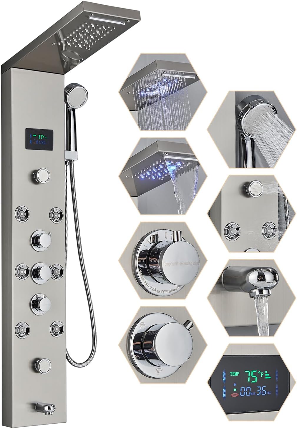 Votamuta Contemporary Shower Panel Wall Mounted Shower Tower Rainfall Waterfall Showerhead Full Body Shower System with Adjust-angle Shower Jets Bathroom Shower Panels Stainless Steel, Brushed Nickel Burshed