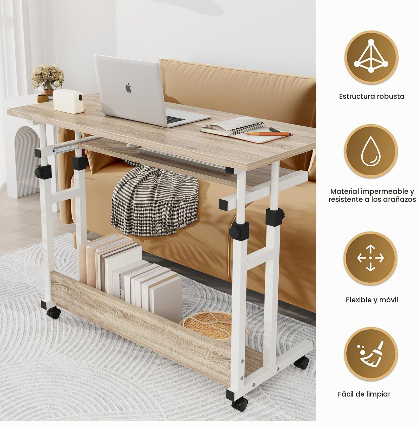 Dripex Escritorio de Altura Ajustable, Mesa de Ordenador con Ruedas, Escritorio pequeño sobre Ruedas, Mesa para portátil Que Ahorra Espacio, con Bandeja extraíble para Teclado y estantería, Mesa