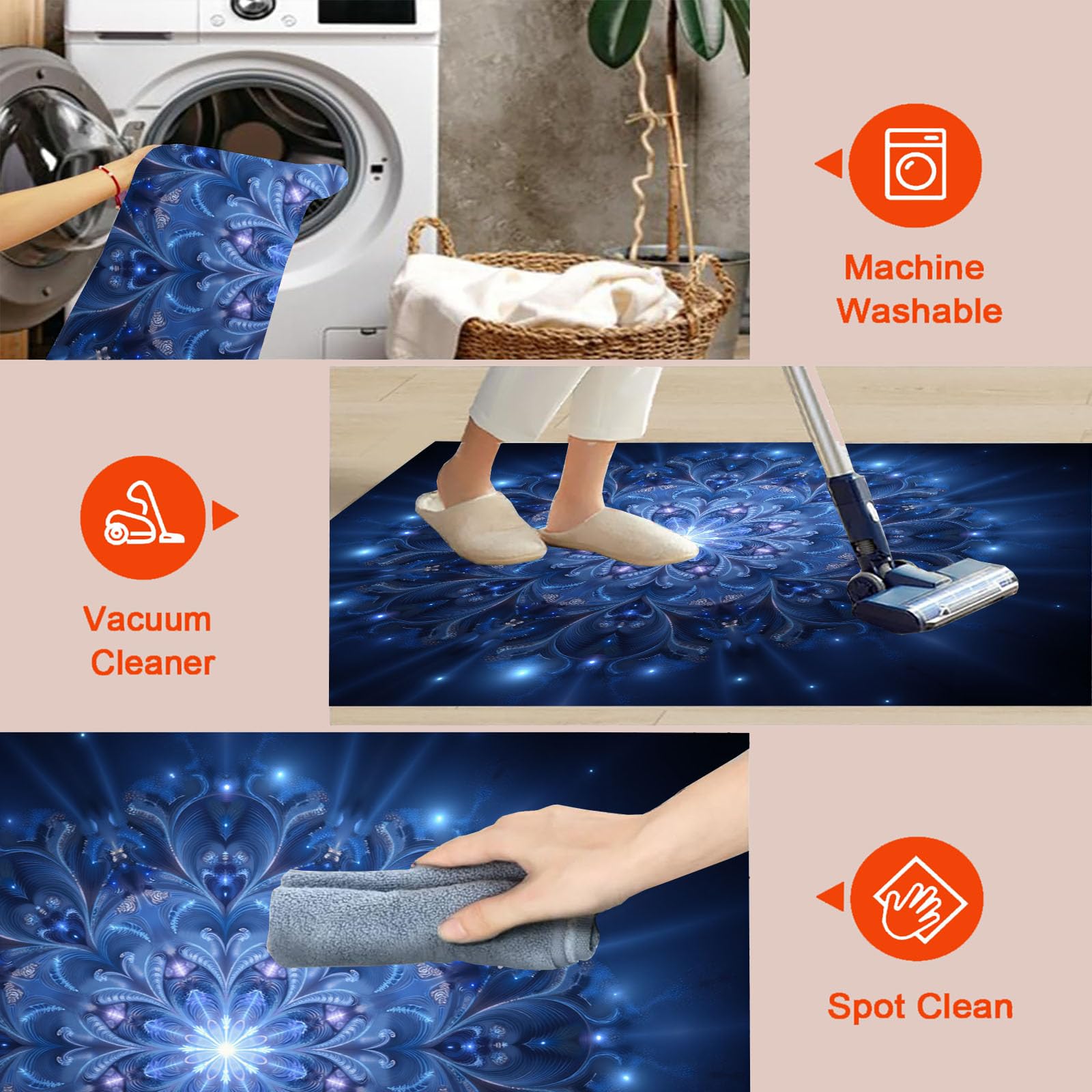 Tapis Rond Étoiles Mandala pour Salon, 120cm Circulaire Tapis Style Cosmique Mystérieux Douce Lavable Et Antidérapante pour Chambre Intérieure, Bleu Profond