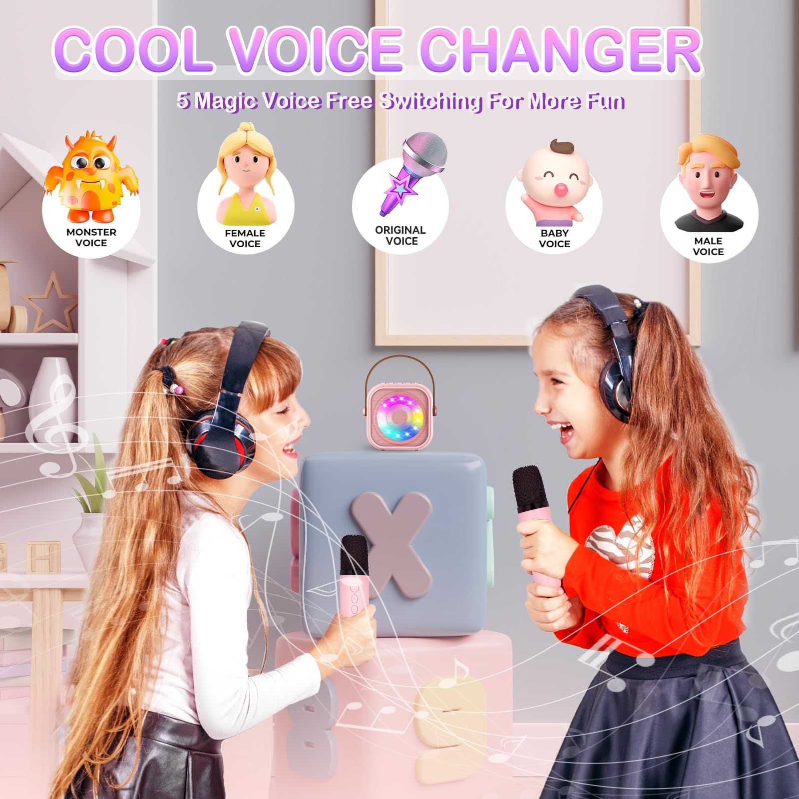 Karaoke per Bambini con 2 Microfoni Wireless, Luce LED, Effetti Cambio Voce, Portatile