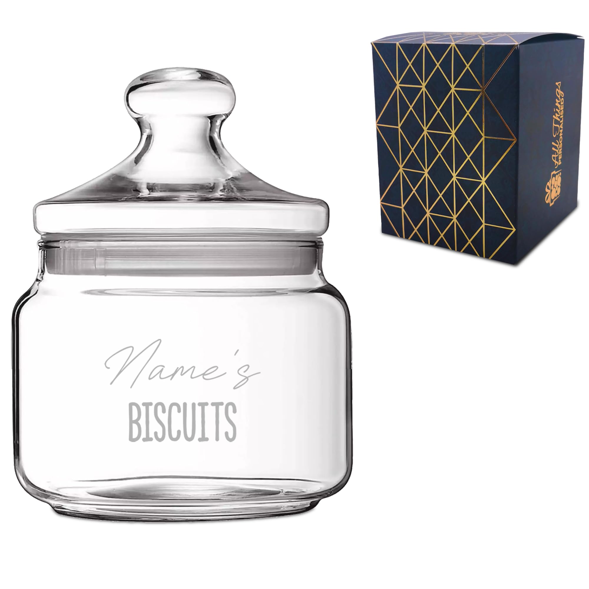 Personalised 0.5 Litre Glass Sweet Jar with Name's Biscuits Design, Custom Laser Engraved Treat Jar with Lid, Personalised Gift for Birthdays, Christmas or Retirements, Gift Box Included