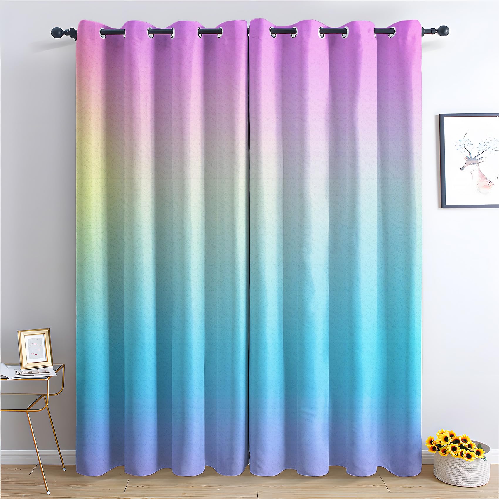 QEODAH Ombre Blackout Curtains for Bedroom - Girls Colourful Gradient Rainbow Pastel Living Room Curtains 66x72 Eyelet - Soft Thermal Insulated Patterned Drapes for Windows - 2 Panels