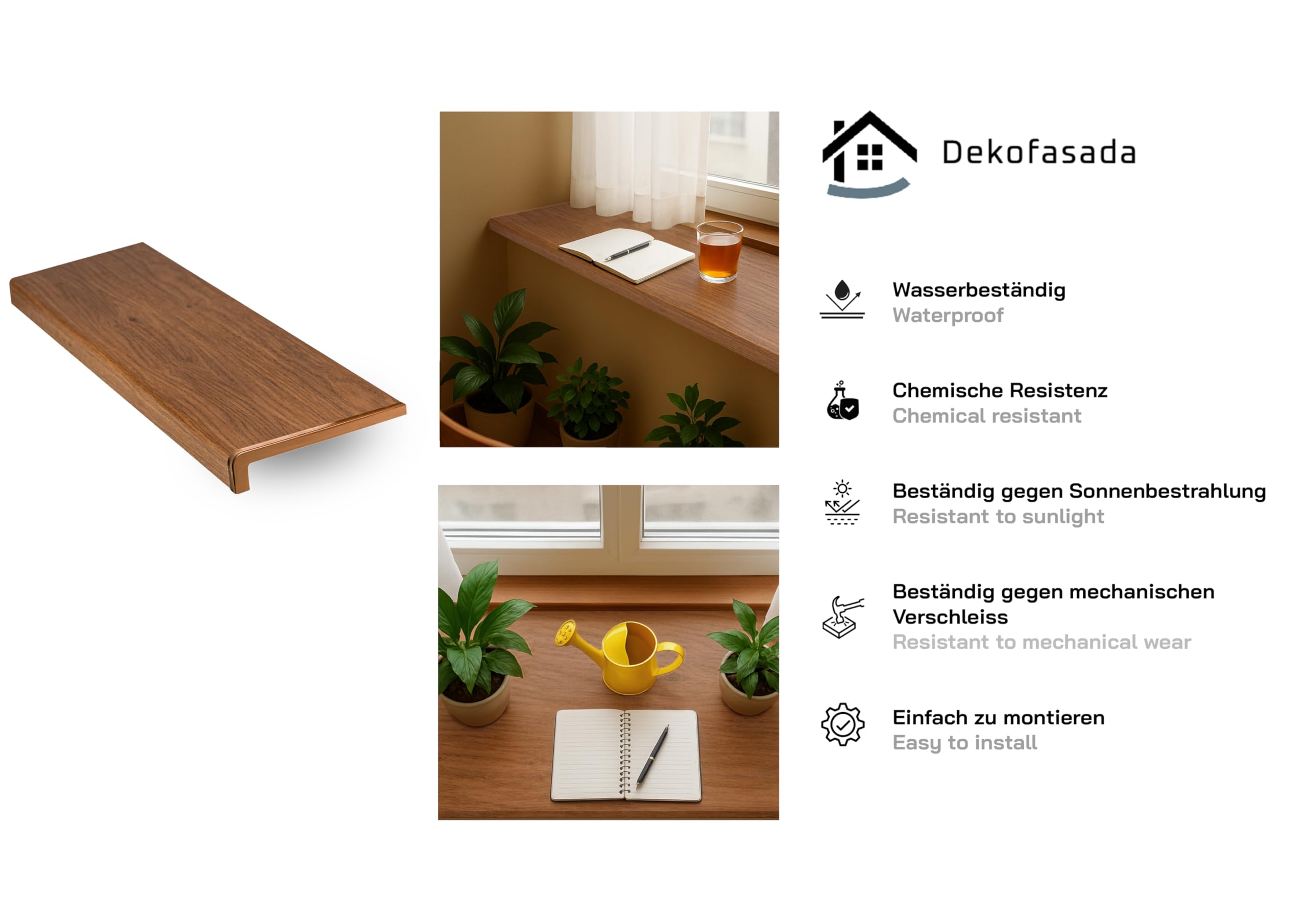 Fensterbank für Innen, Fensterbrett aus PVC mit Abschlusskappen, Pflegeleichte Innenfensterbank aus Kunststoff, für Fenster aus PVC, Holz & Aluminium, 20 x 120 cm, Winchester