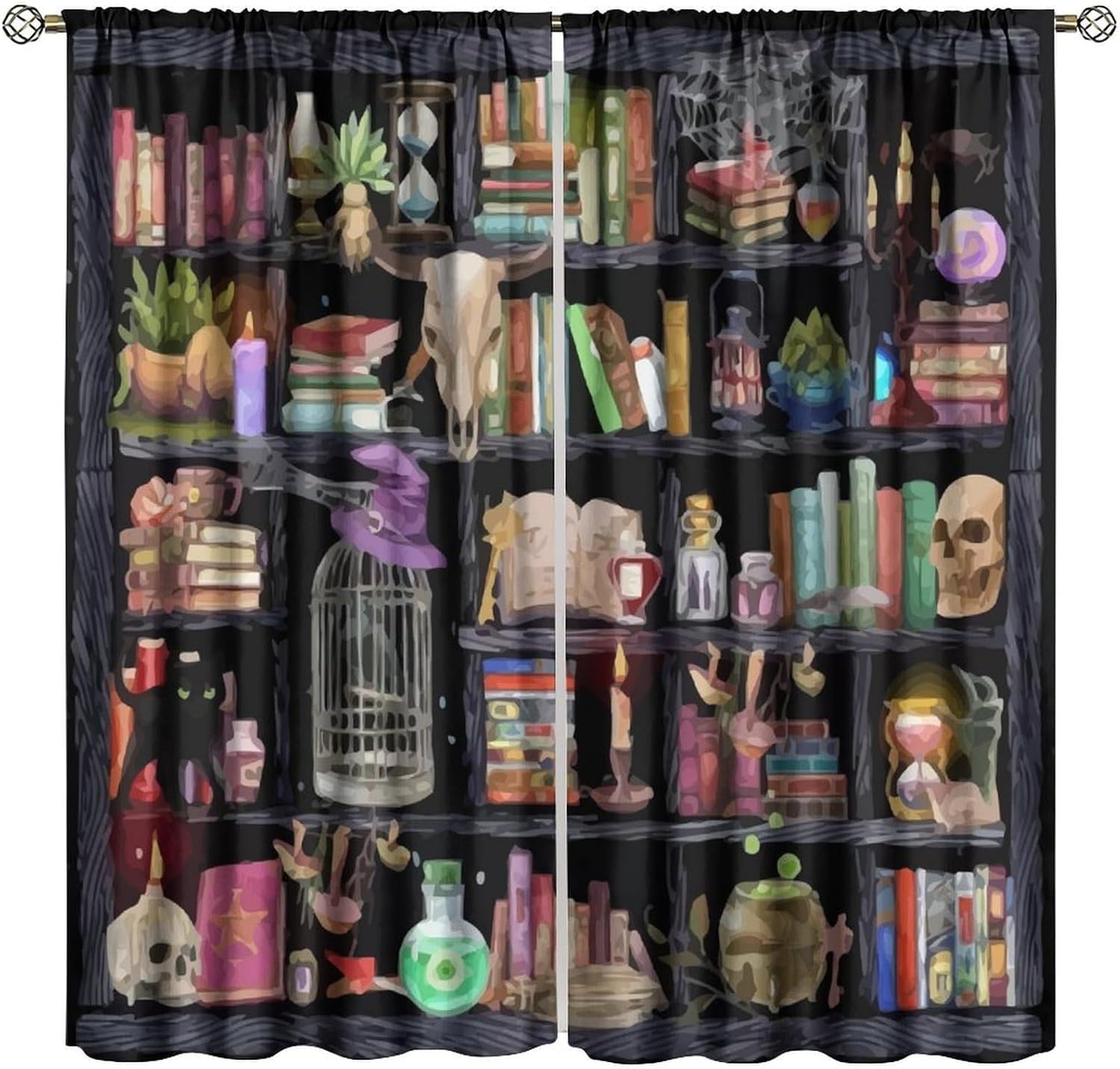 BenYaSong Witchy Blackout Window Curtains, Fantasy Magical Vintage Bookshelf Mysterious Bookcase Gothic Skull Spooky Goth for Home Kitchen Livingroom Coffee Room Window Drapes 2Panel 63" W X 63" L