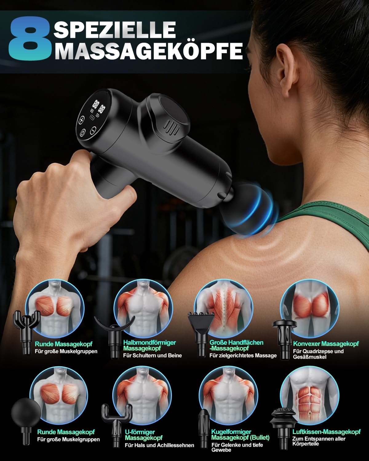 Massagepistole, Leise Elektrische Handmassagegeräte mit LCD Display, 99 Geschwindigkeiten & 8 Massageköpfe, Massage Gun für Muskeln Faszienpistole für Männer Frauen, Vatertagsgeschenk für Papa