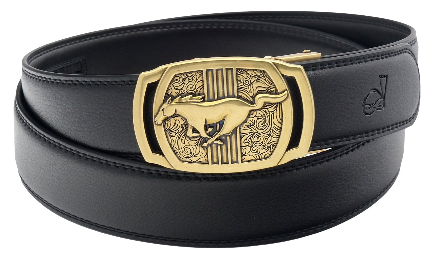 QHA Mens Leather Belt Automatic Ratchet Leather Belts Horse Buckle Gift (Gold Black #1, 36"-42")