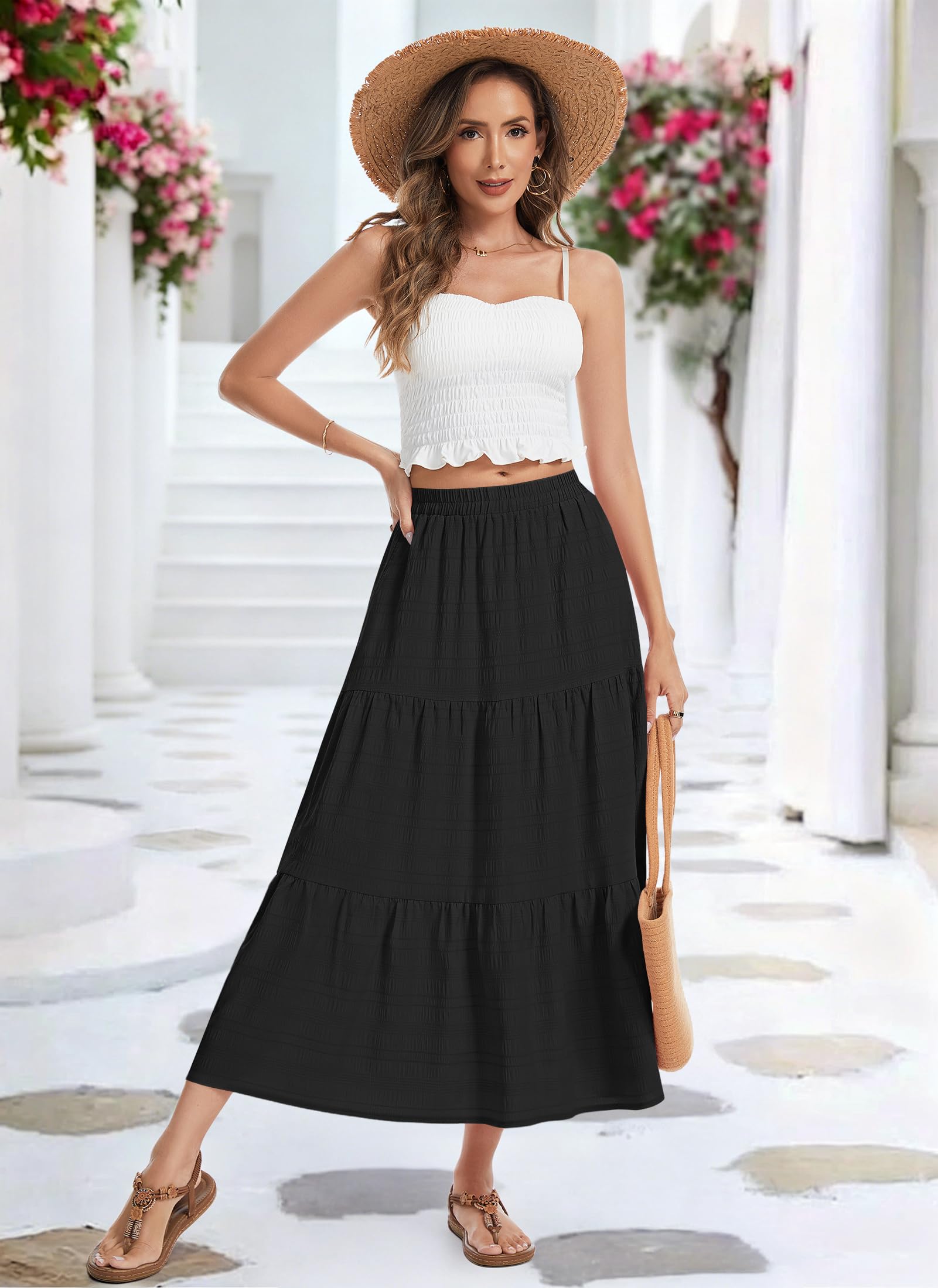 MOLERNAI Damen Rock Sommer Hohe Taille Einfarbig Maxirock Stufenrock Elegant A-Linie Freizeitrock Rock mit Taschen
