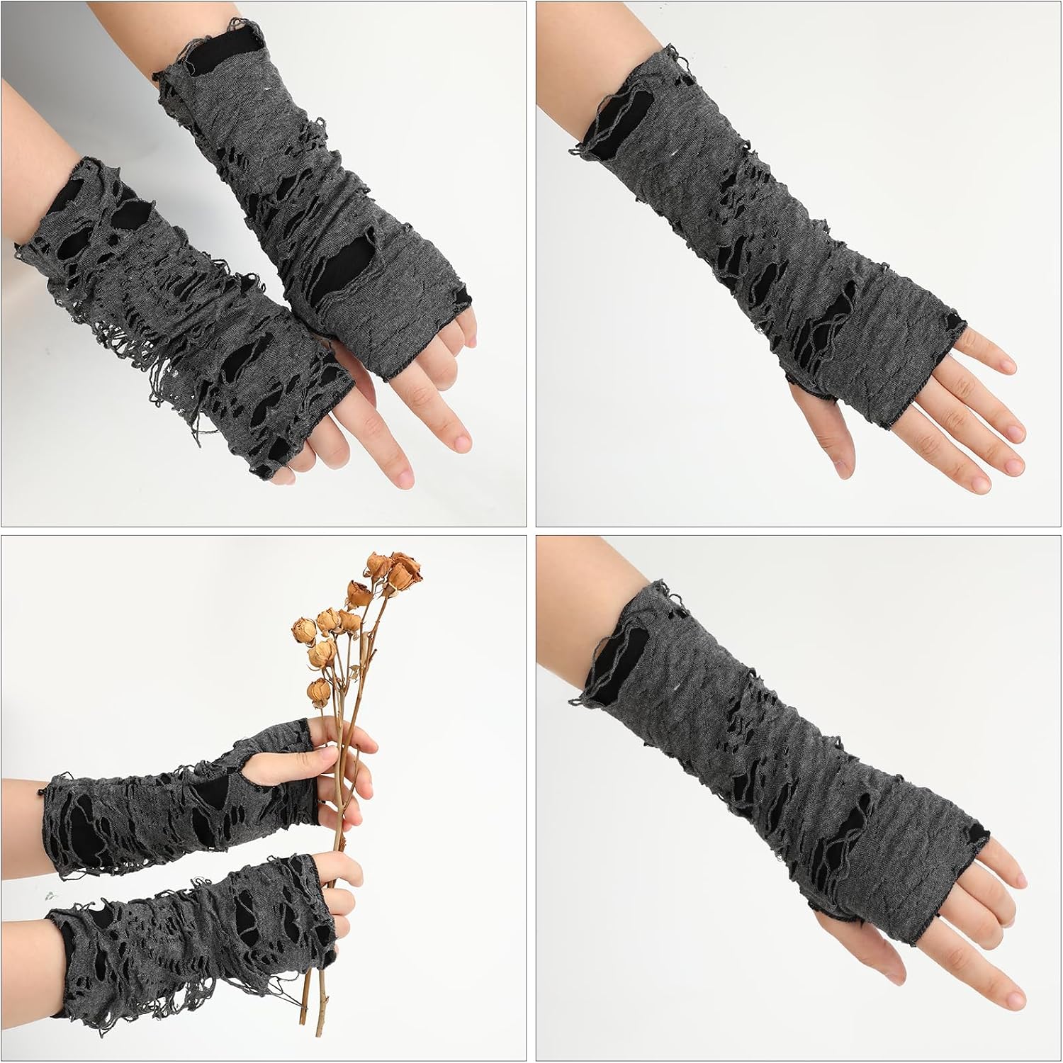 salbsever 1 Pair Punk Gloves Fingerless Arm Warmers, Black Broken Slit Ripped Gothic Gloves Goth Rock Arm Sleeve for Christmas Halloween Party Costume, Women or Men