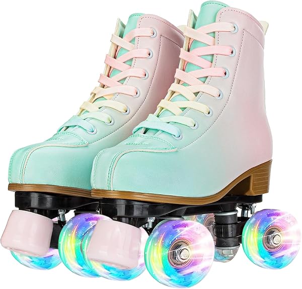 YYW Roller Skates for Girls and Women, Fantastic Gradient Pink and Green PU Leather Light Up Kids Youth Roller Skates, I