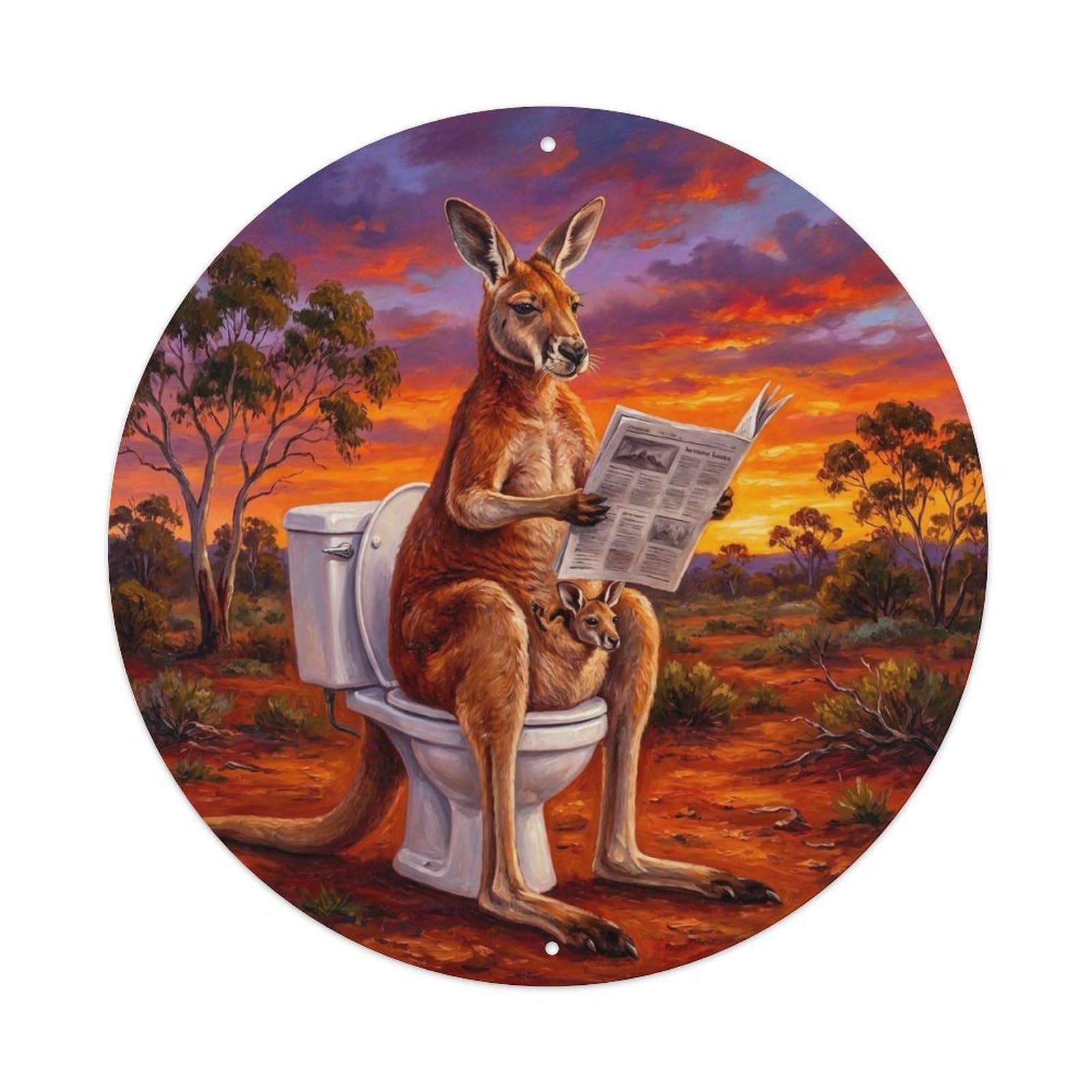 Kangaroo On Toilet Humorous Bathroom Red Outback Dusk Metal Tin Sign