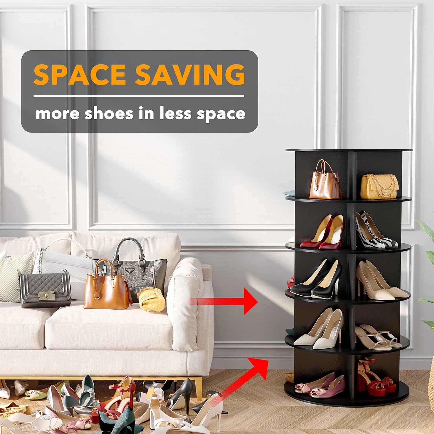 SpaceAid 5 Tier Rotating Shoe Rack Tower, Spinning Shoe Display Lazy Susan, Revolving 360 Shoe Rack Storage Round Carousel, Vertical Handbag Rotate Shoes Closet Organization (5-Tier Black) image 3
