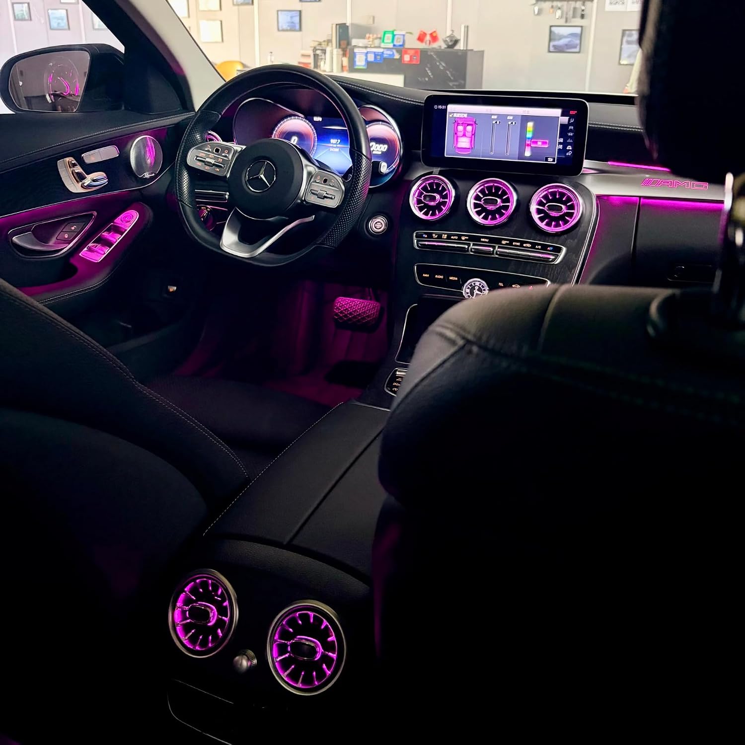 Turbo Air Vent Ambient Light 7-Color LED Air Vent Outlet Trim Compatible with Mercedes Benz C Class W205 2015-2022, 6PCS Front & Rear Turbine Air Vent Atmosphere Lamp, Plug & Play
